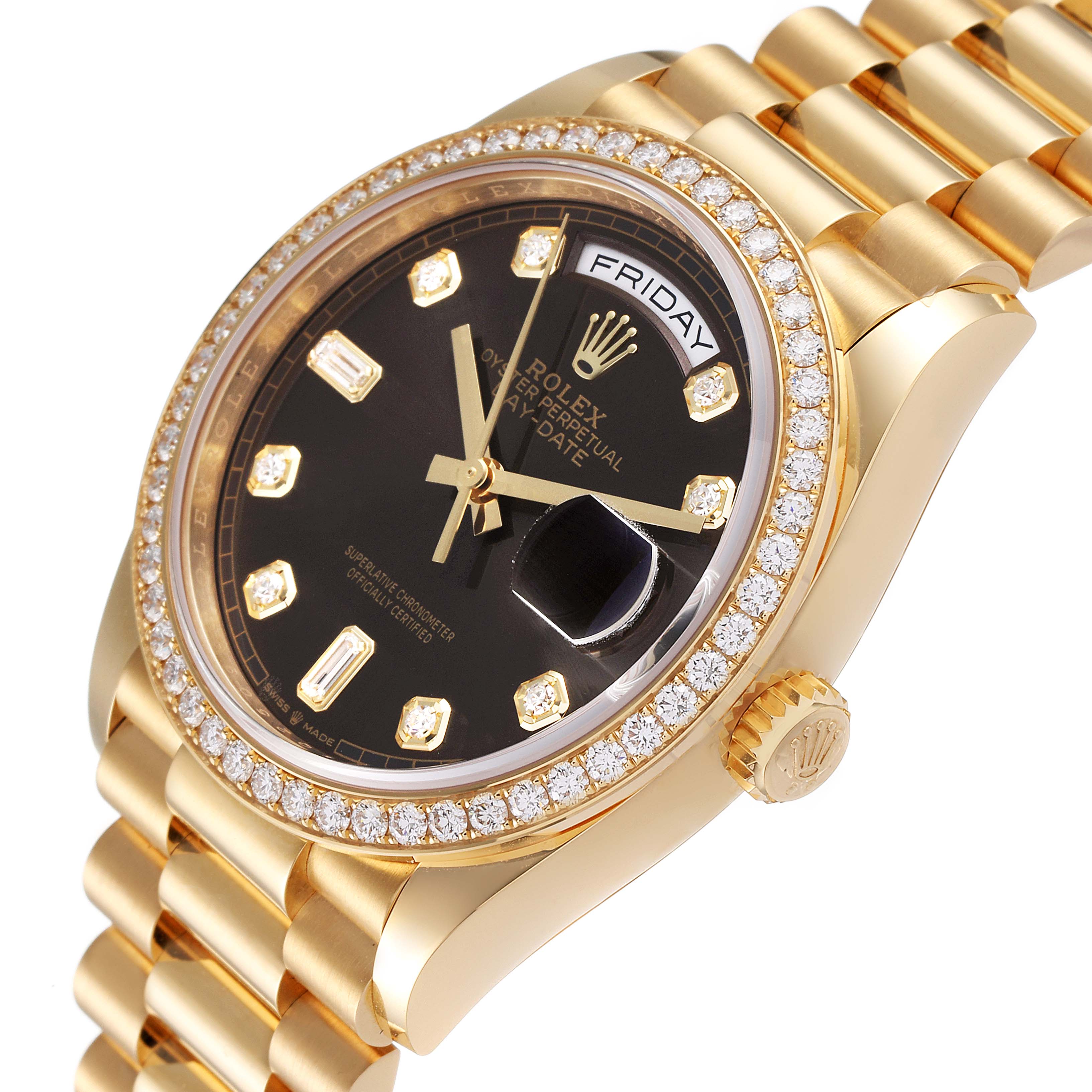 This image shows a President model Rolex watch at an angled view, highlighting the dial, bezel, and bracelet.