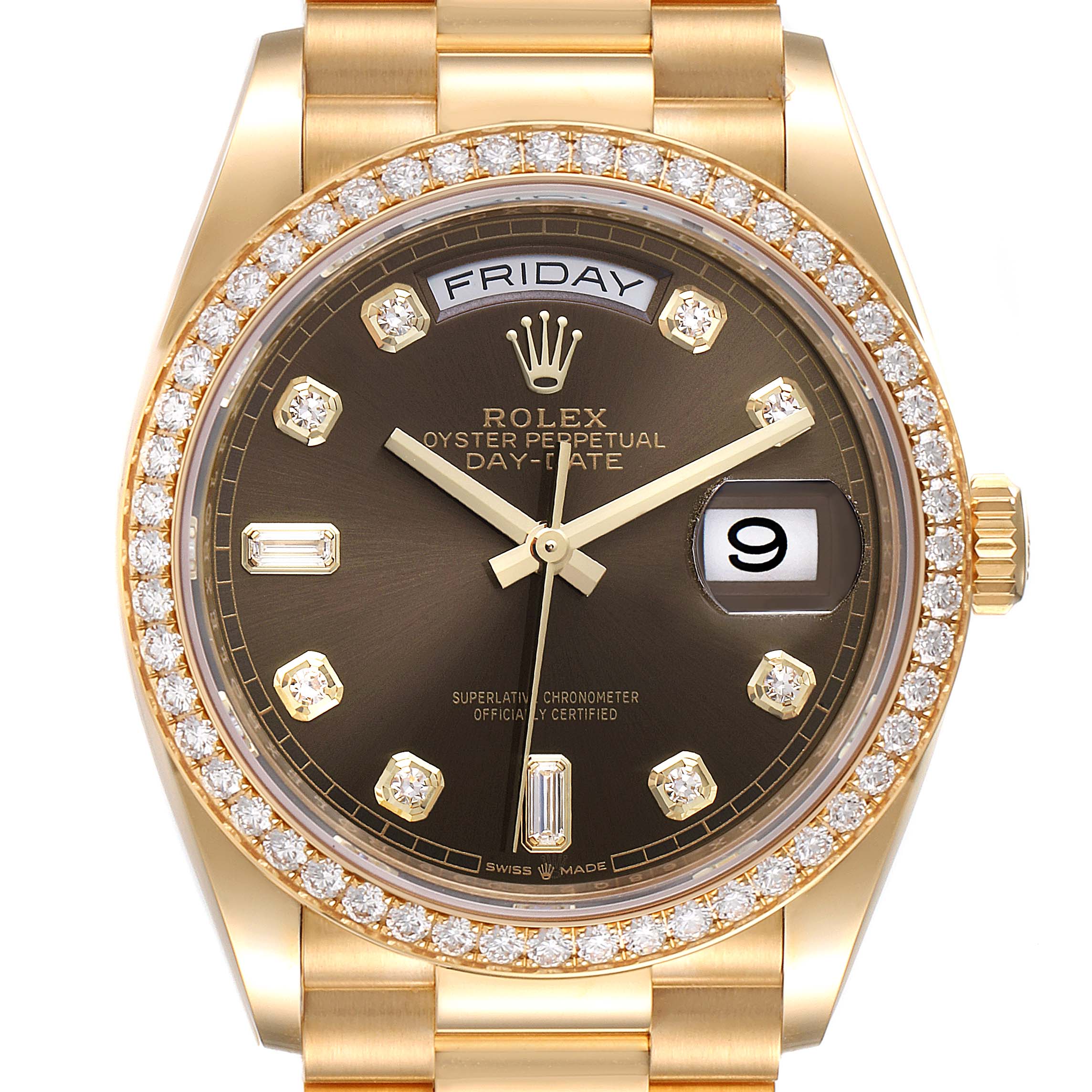 The image shows a front-view angle of a Rolex President 128348 Men
s Yellow Gold Grey Dial 128348 Men
s Yellow Gold Grey Dial Day-Date watch with a gold band and a diamond-encrusted bezel.