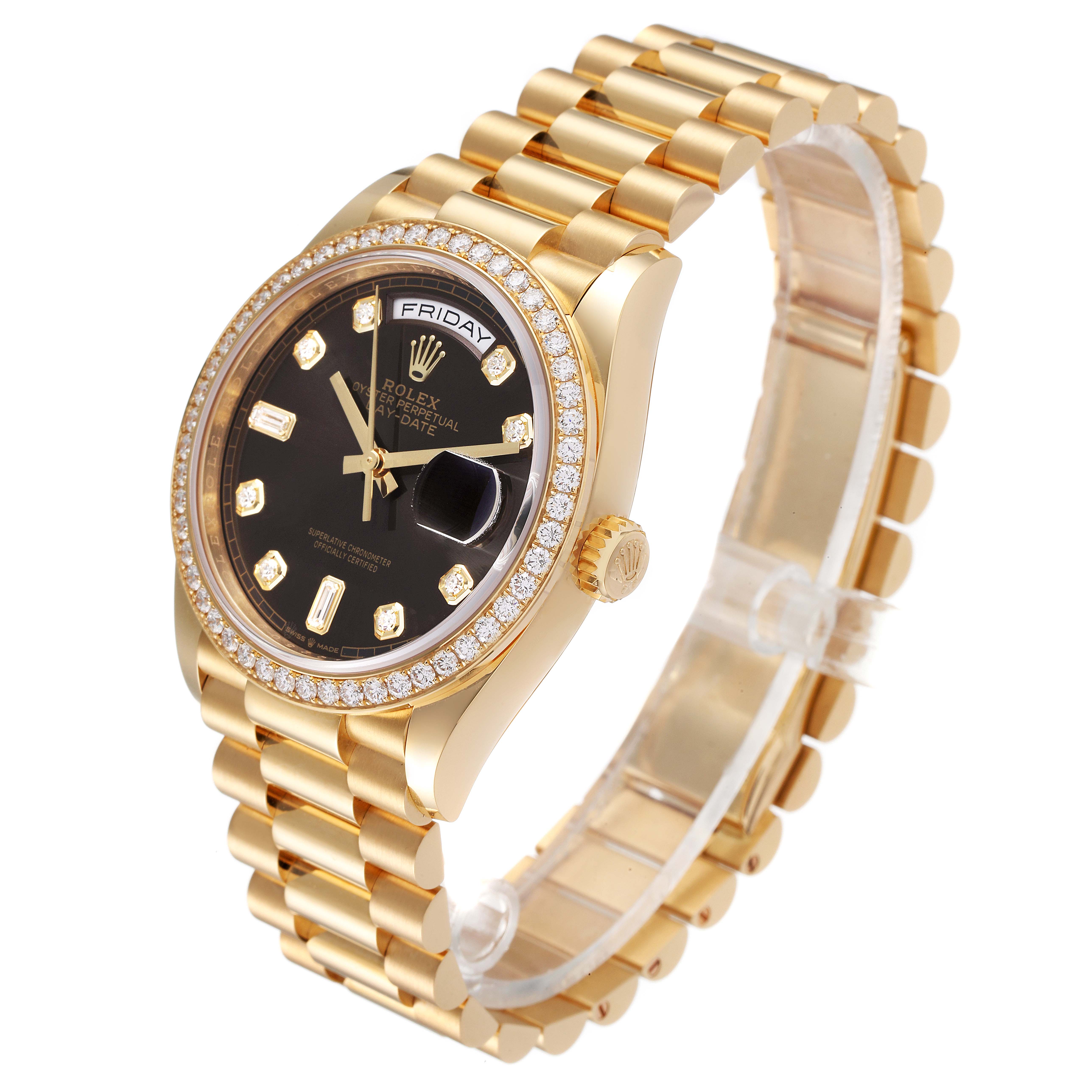 The image shows a Rolex President 128348 Men
s Yellow Gold Grey Dial 128348 Men
s Yellow Gold Grey Dial model watch at an oblique angle, highlighting the bracelet, bezel, crown, and dial.