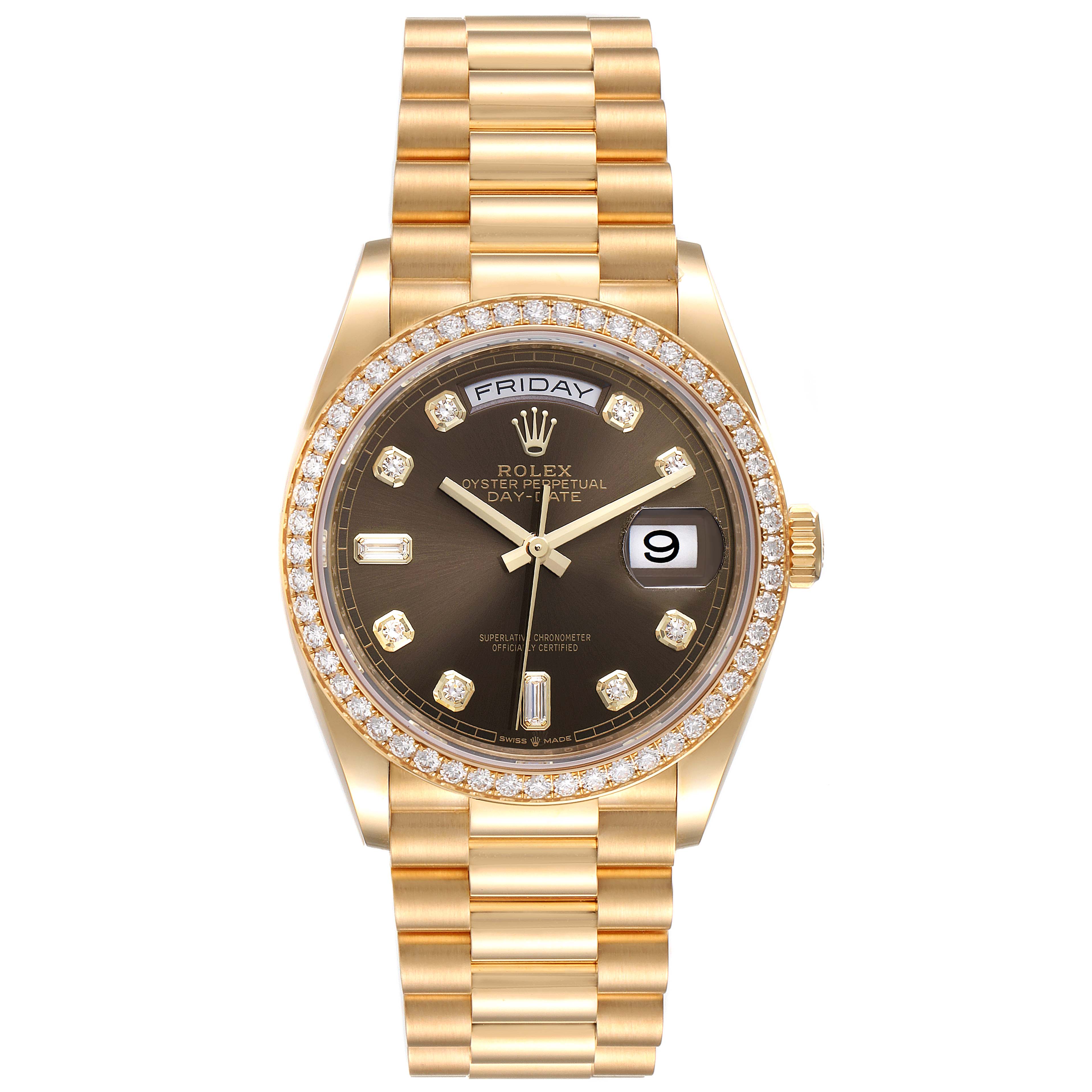 The image shows a Rolex President 128348 Men
s Yellow Gold Grey Dial 128348 Men
s Yellow Gold Grey Dial model watch with a gold bracelet, diamond bezel, and a day-date display, viewed from the front.
