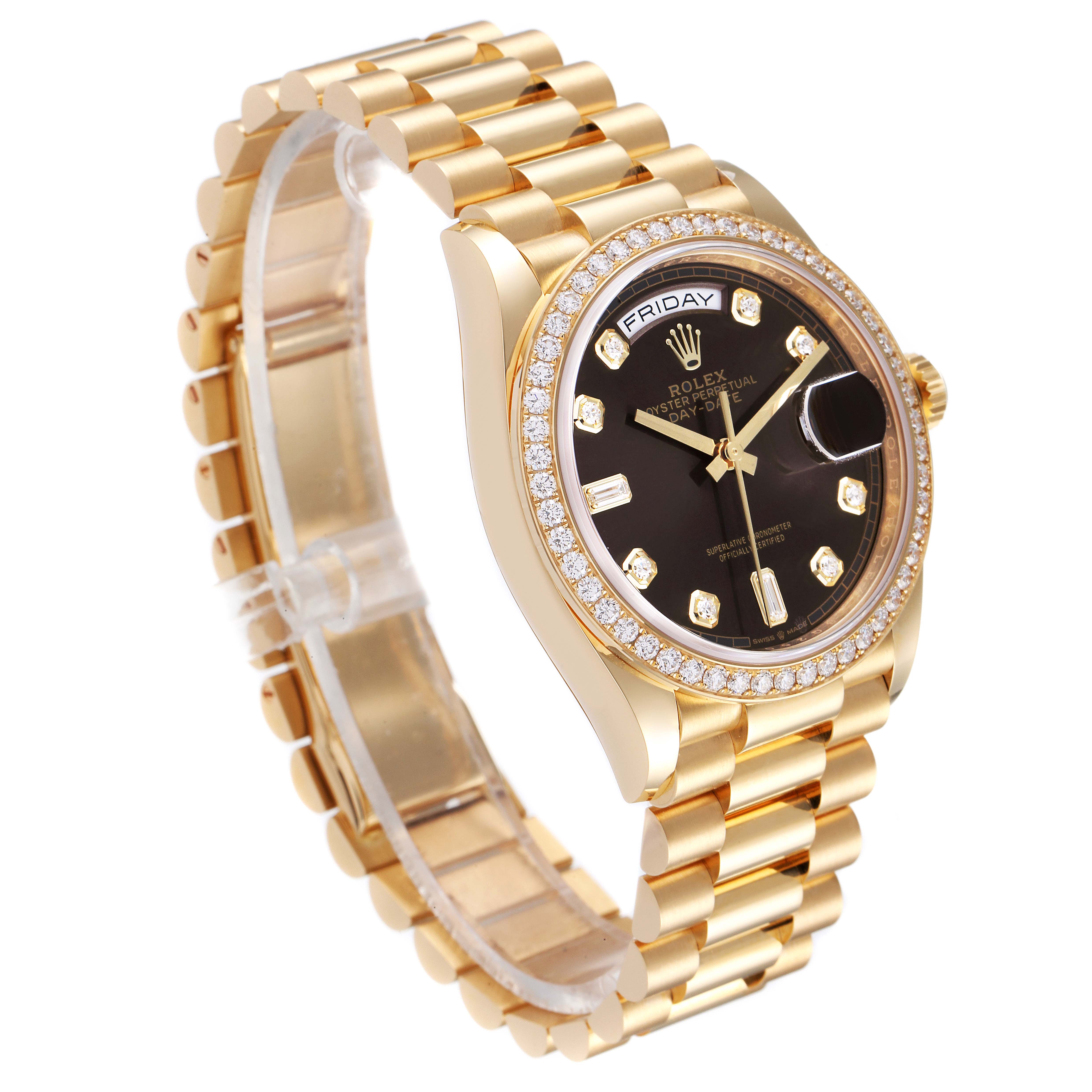 The image shows a side angle of a gold Rolex President 128348 Men
s Yellow Gold Grey Dial 128348 Men
s Yellow Gold Grey Dial model watch, featuring a black dial and diamond-studded bezel.