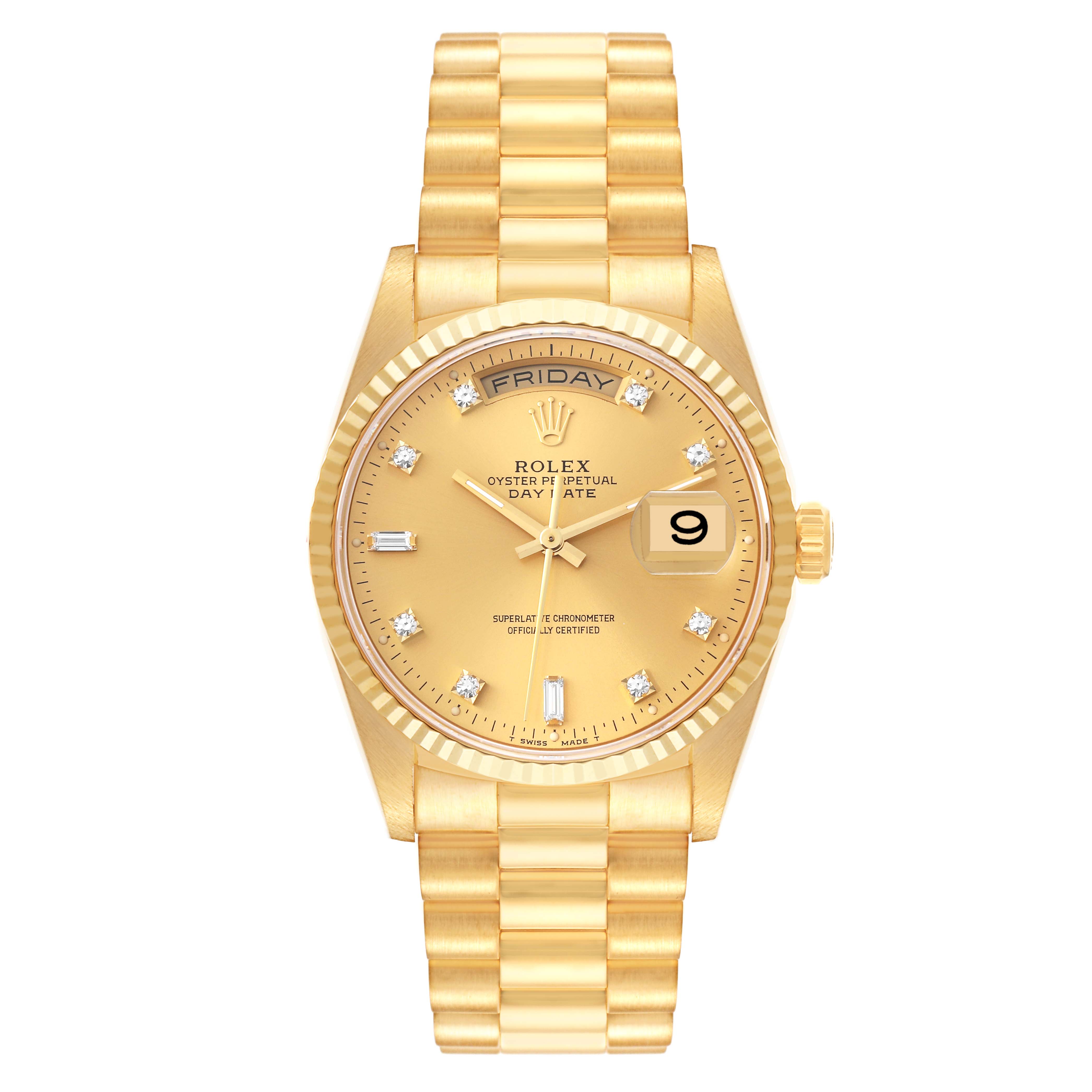 This image shows a front view of a Rolex President 18238 Men
s Yellow Gold Champagne Dial 18238 Men
s Yellow Gold Champagne Dial model watch, highlighting its gold dial, bracelet, and case.