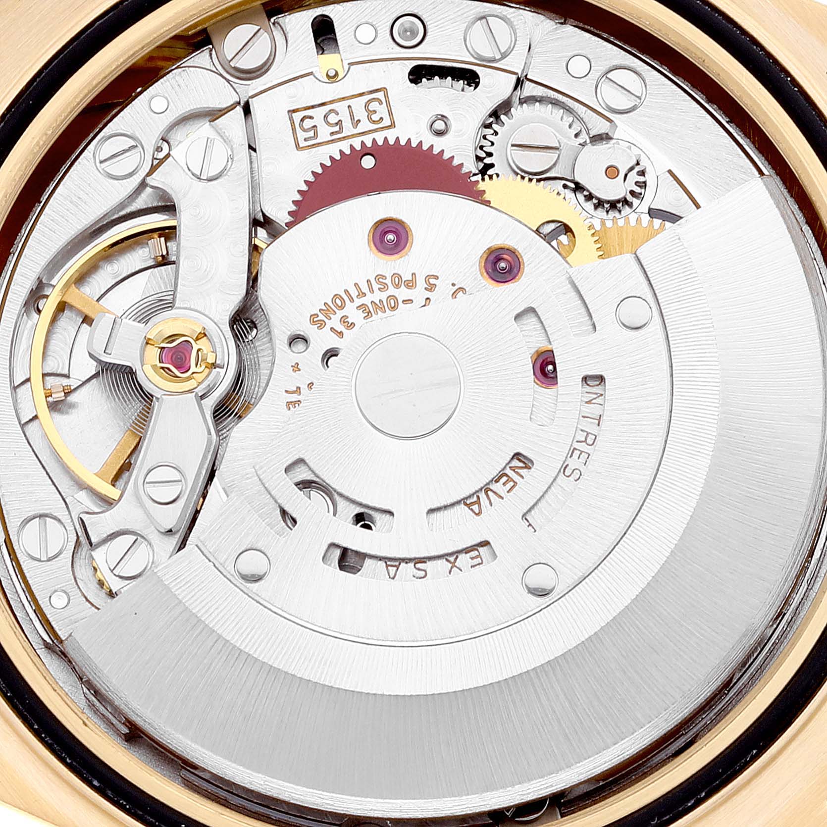 The image shows a close-up view of the Rolex President 18238 Men
s Yellow Gold Champagne Dial 18238 Men
s Yellow Gold Champagne Dial model watch movement, highlighting its internal mechanics.