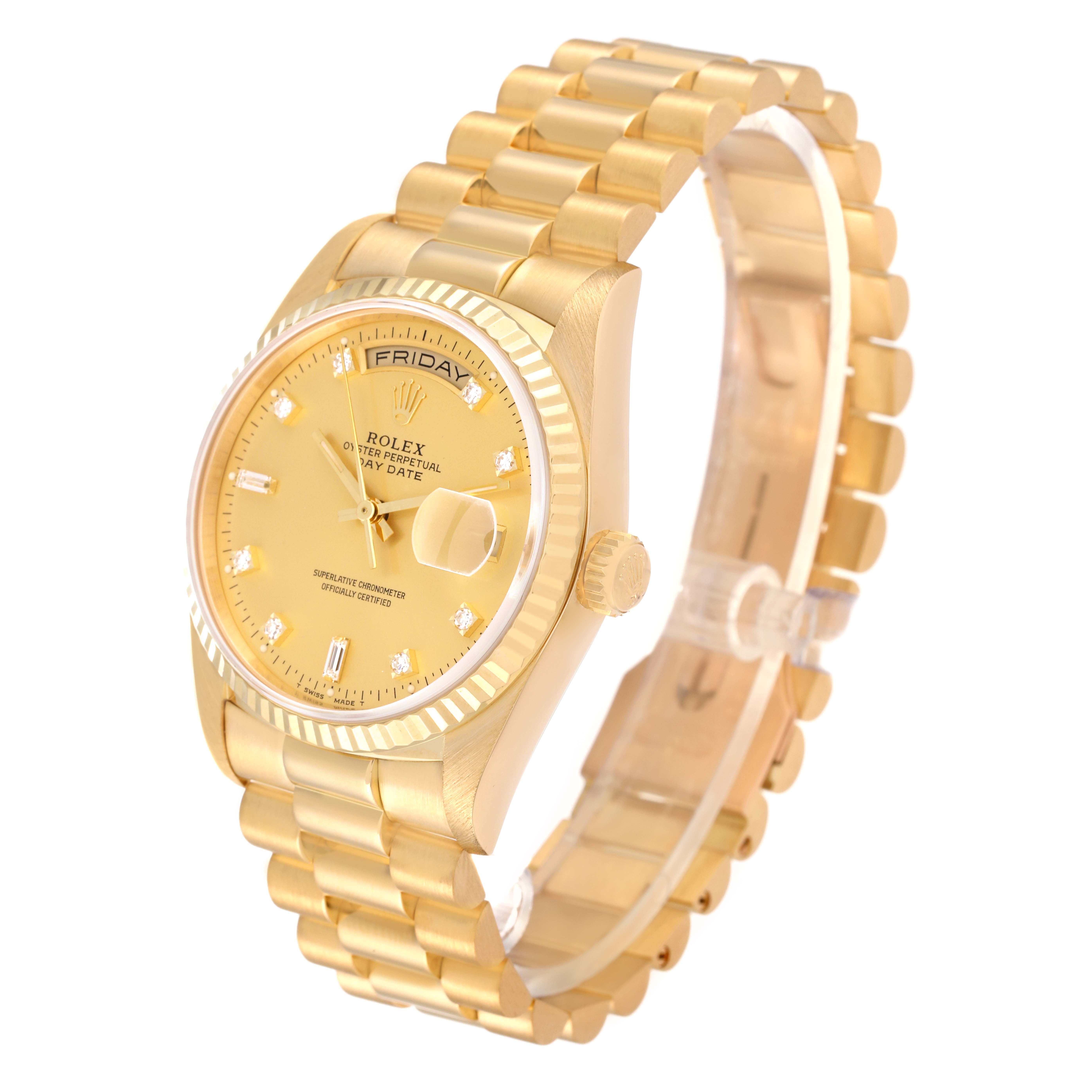 The image shows a frontal and slightly angled view of a gold Rolex President 18238 Men
s Yellow Gold Champagne Dial 18238 Men
s Yellow Gold Champagne Dial model watch with a diamond-set dial.