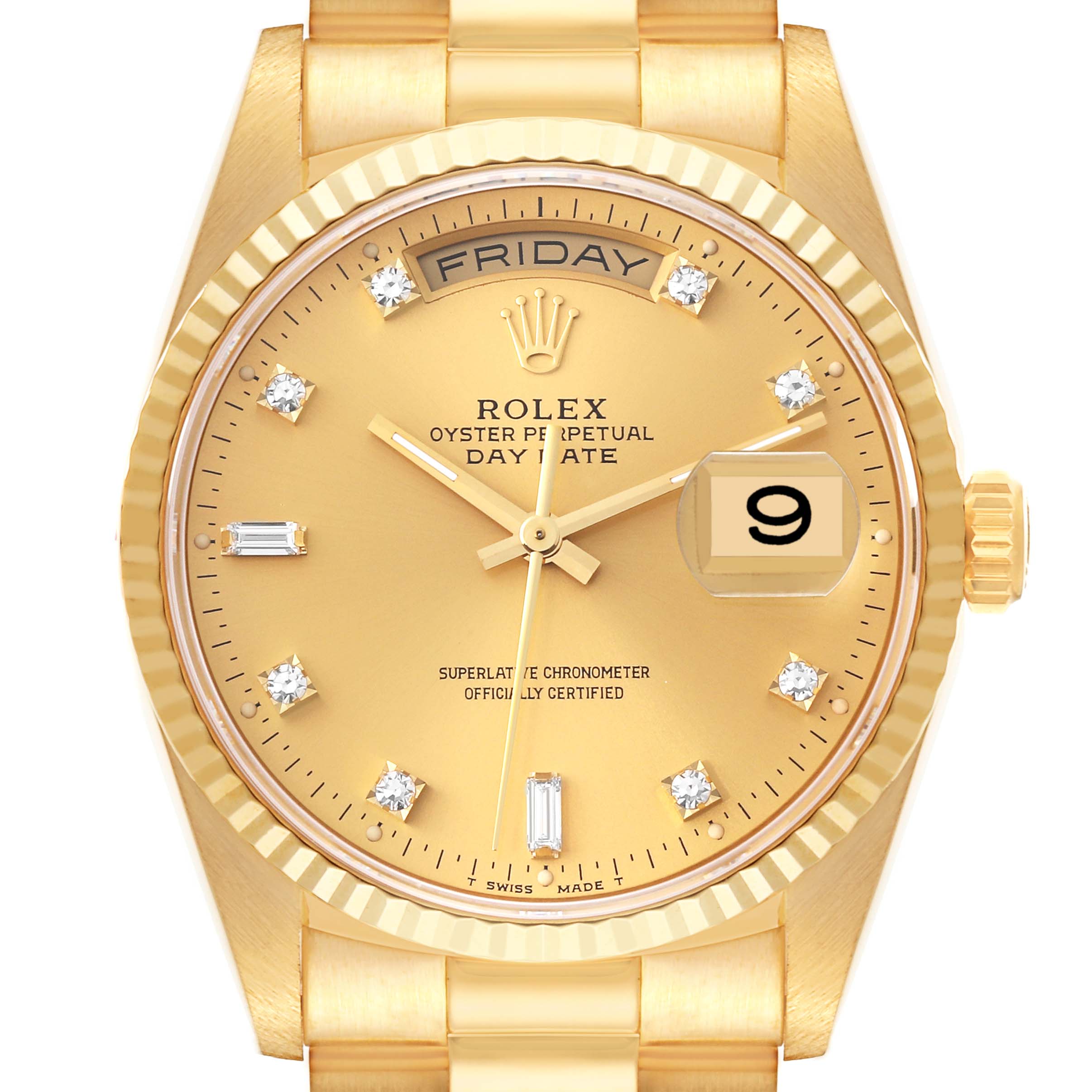 This image shows a close-up, front view of the Rolex President 18238 Men
s Yellow Gold Champagne Dial 18238 Men
s Yellow Gold Champagne Dial model watch, featuring the dial, day-date display, and bracelet.