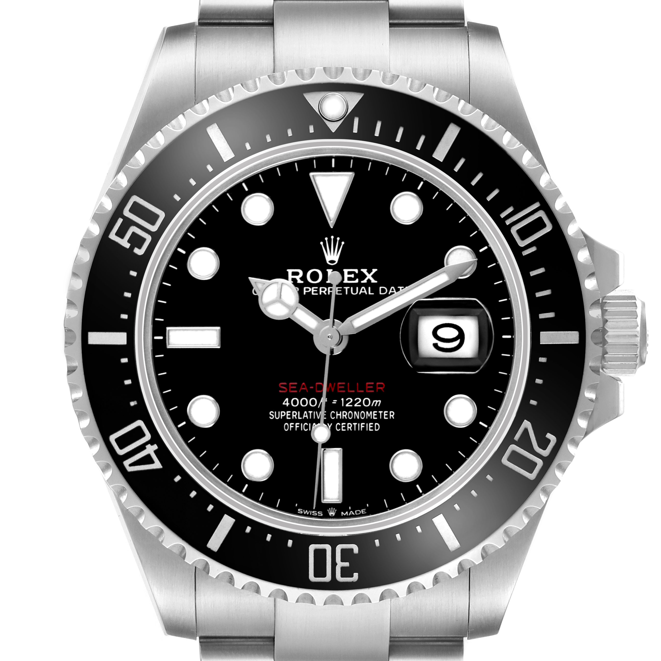 The Rolex Sea-Dweller 126600 Men's Stainless Steel Black Dial watch is shown from a front angle, highlighting the dial, bezel, bracelet, and date window.