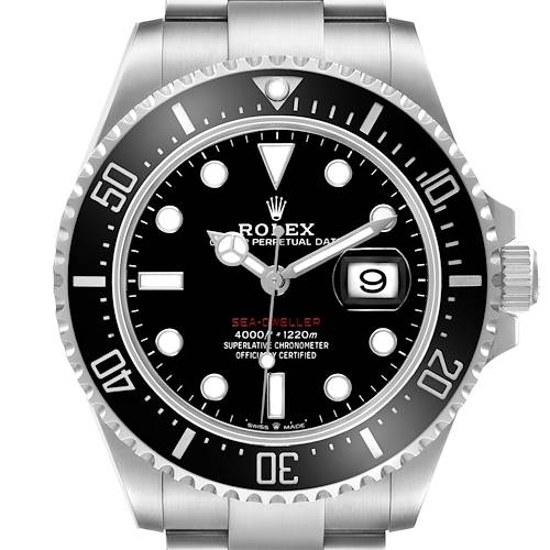 The Rolex Sea-Dweller 126600 Men's Stainless Steel Black Dial watch is shown from a front angle, highlighting the black dial, bezel, and bracelet.