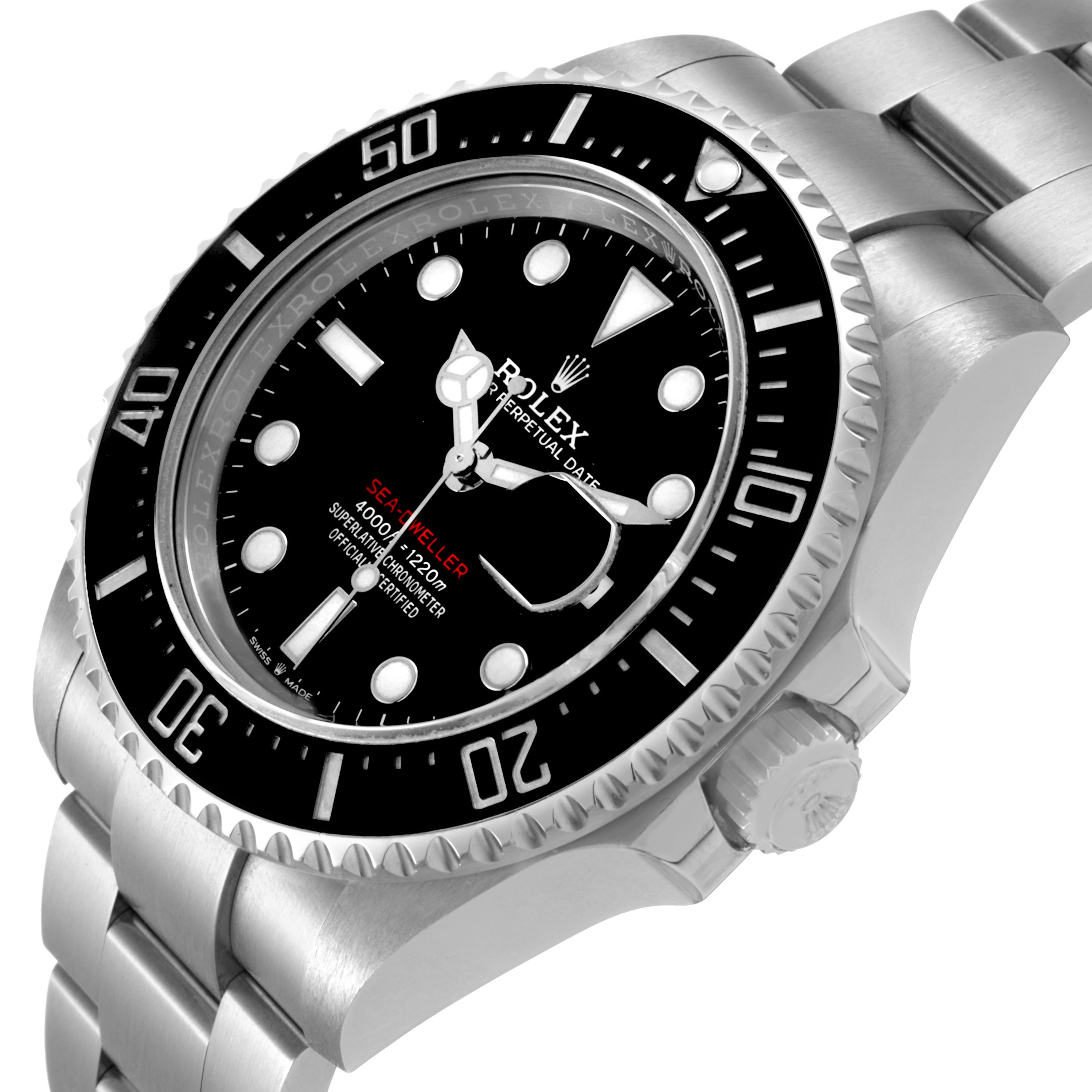 The Rolex Sea-Dweller 126600 Men's Stainless Steel Black Dial watch is shown at an angled side view, displaying the bracelet, bezel, and crown.