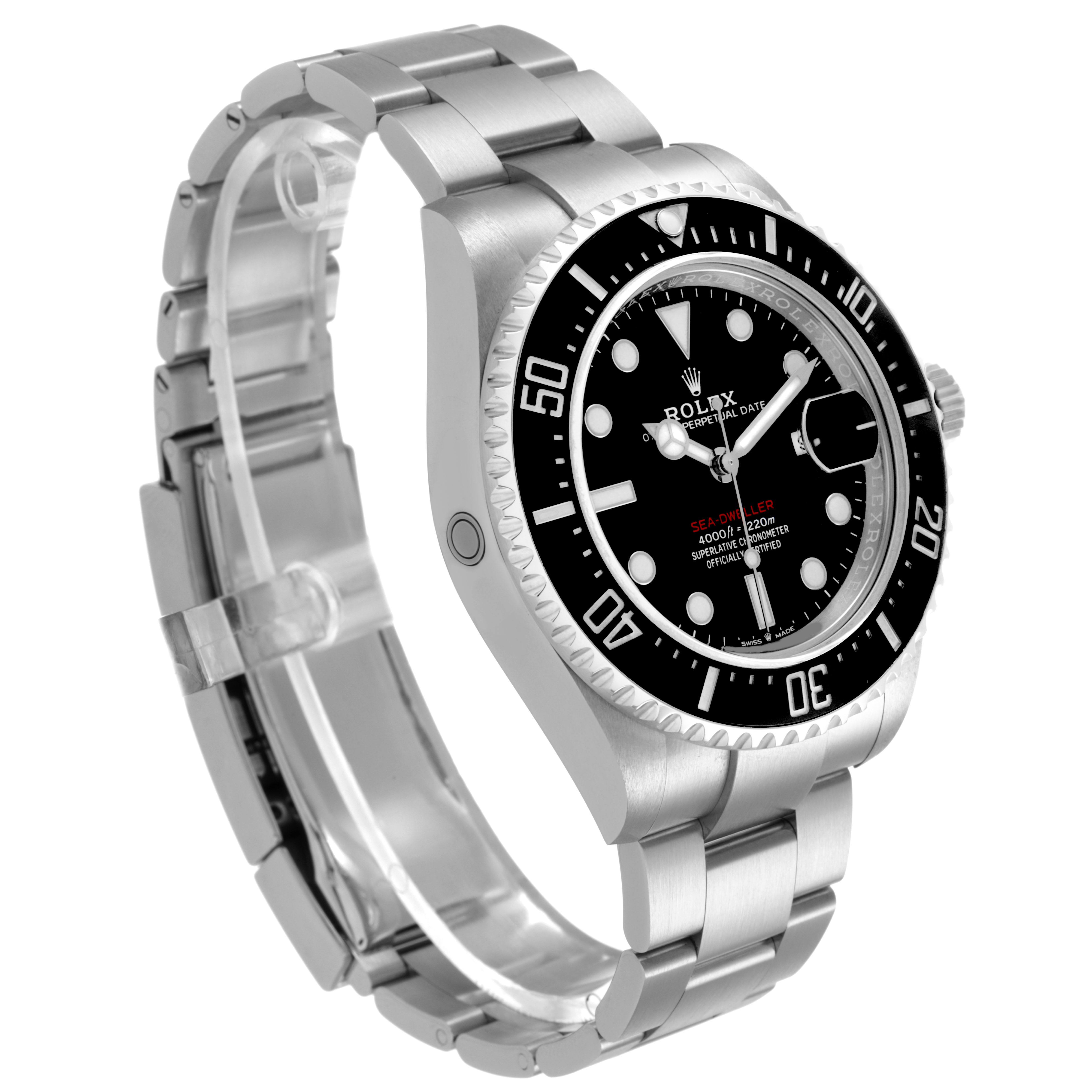 The Rolex Sea-Dweller 126600 Men's Stainless Steel Black Dial watch is shown at a slight side angle, highlighting the dial, bezel, and bracelet.
