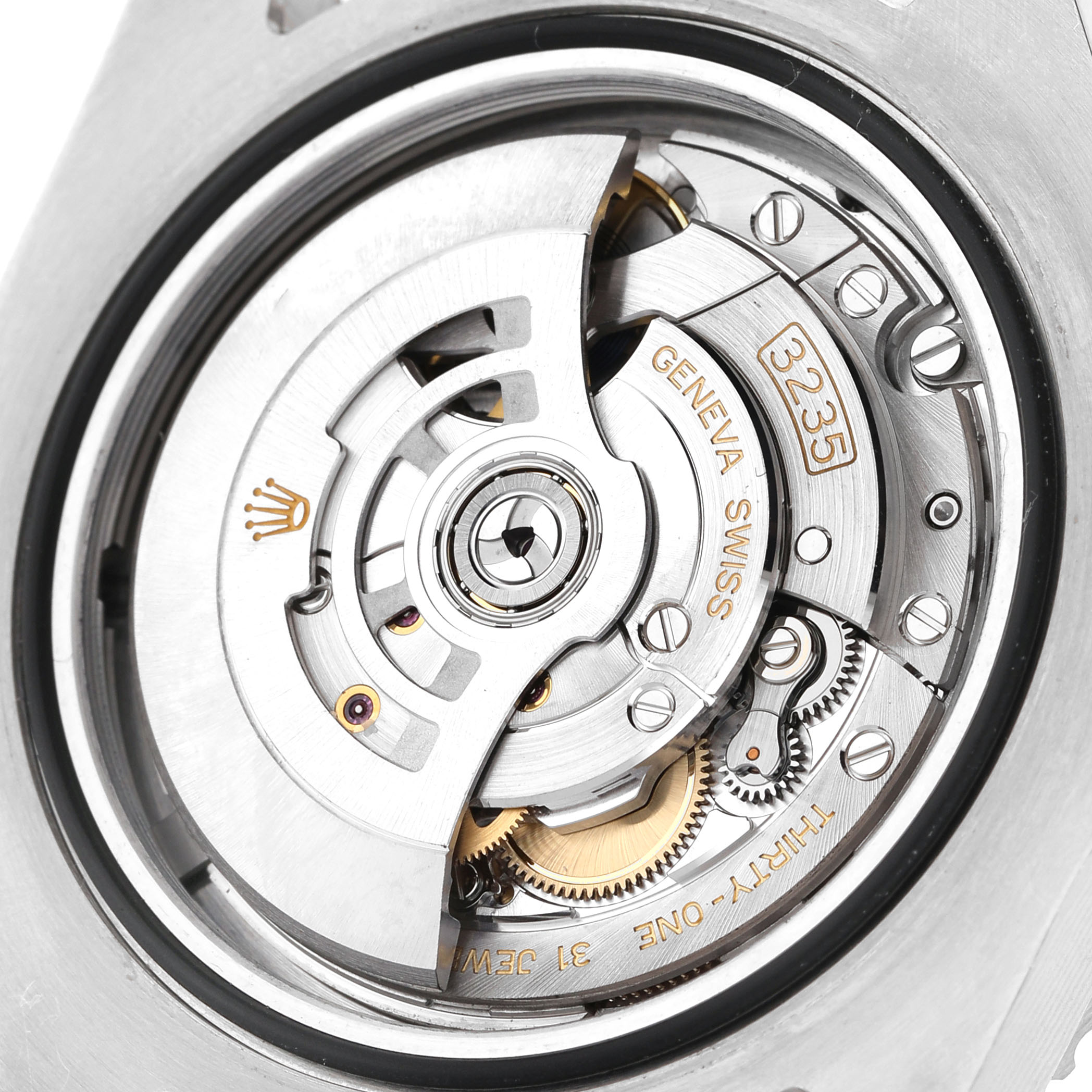 This image shows the movement of a Rolex Sea-Dweller 126600 Men's Stainless Steel Black Dial watch, viewed from the back, highlighting gears and the rotor.