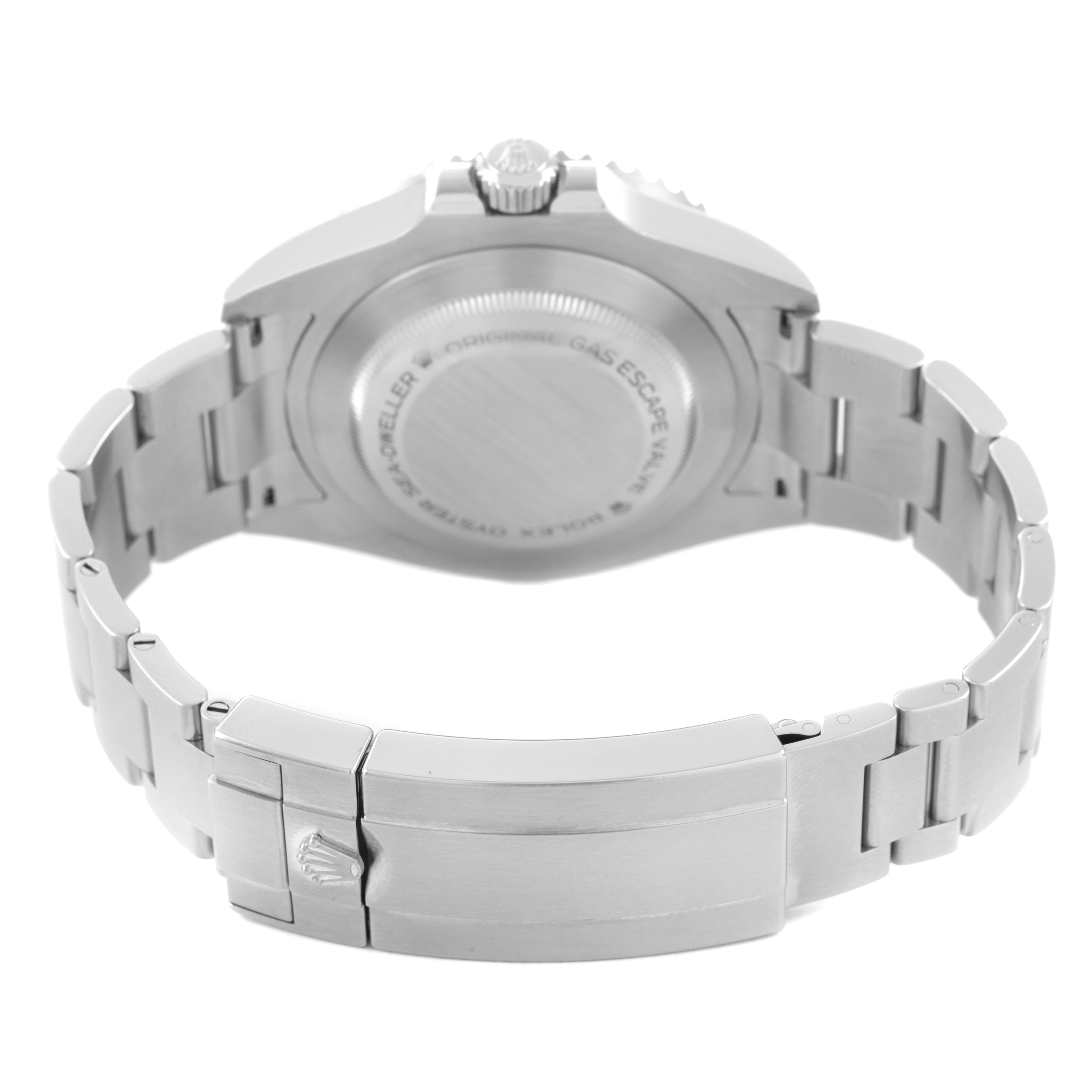 The image shows the back and clasp of a Rolex Sea-Dweller 126600 Men's Stainless Steel Black Dial watch, highlighting the bracelet and case back.