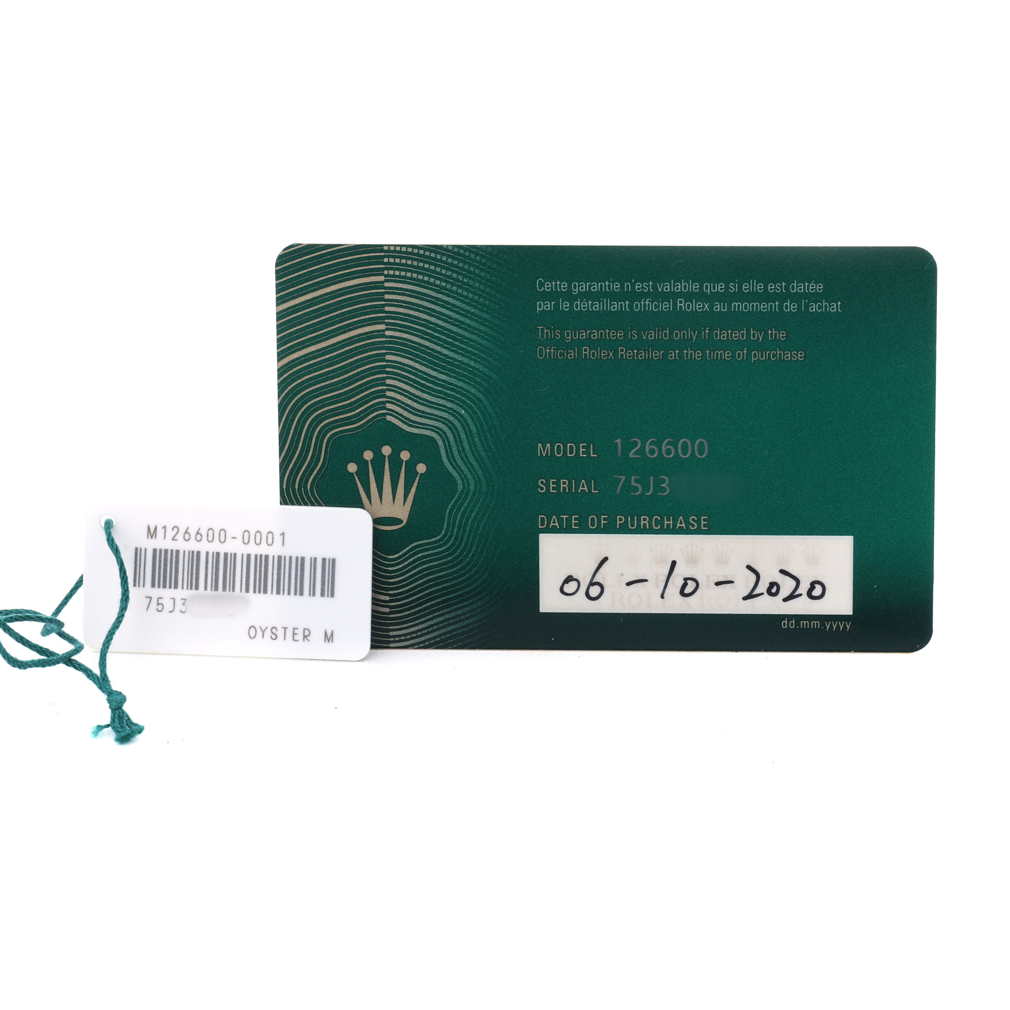 The image shows the authentication card and tag for a Rolex Sea-Dweller 126600 Men's Stainless Steel Black Dial model 126600.