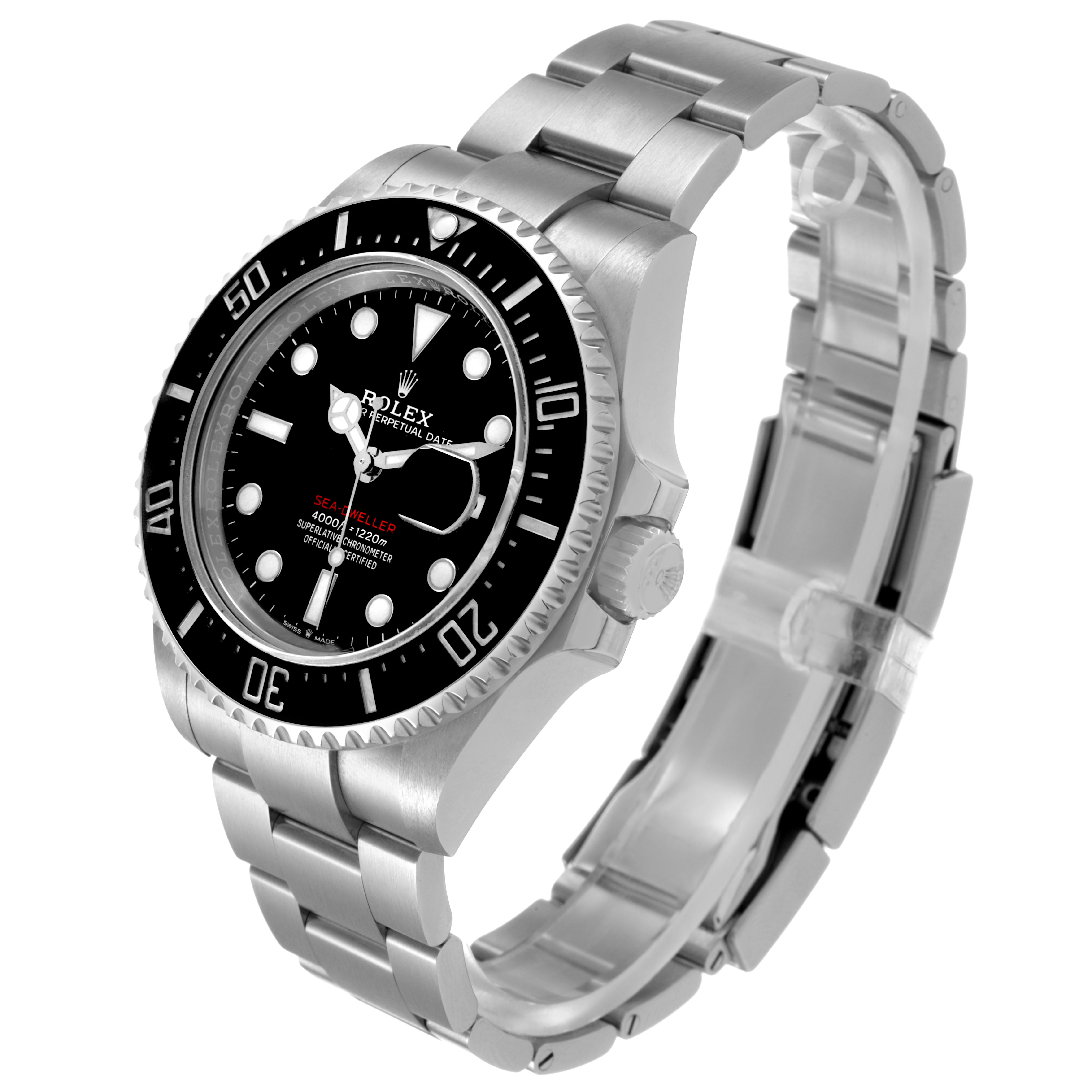 The Rolex Sea-Dweller 126600 Men's Stainless Steel Black Dial watch is shown at a three-quarter angle, highlighting the dial, bezel, and bracelet.