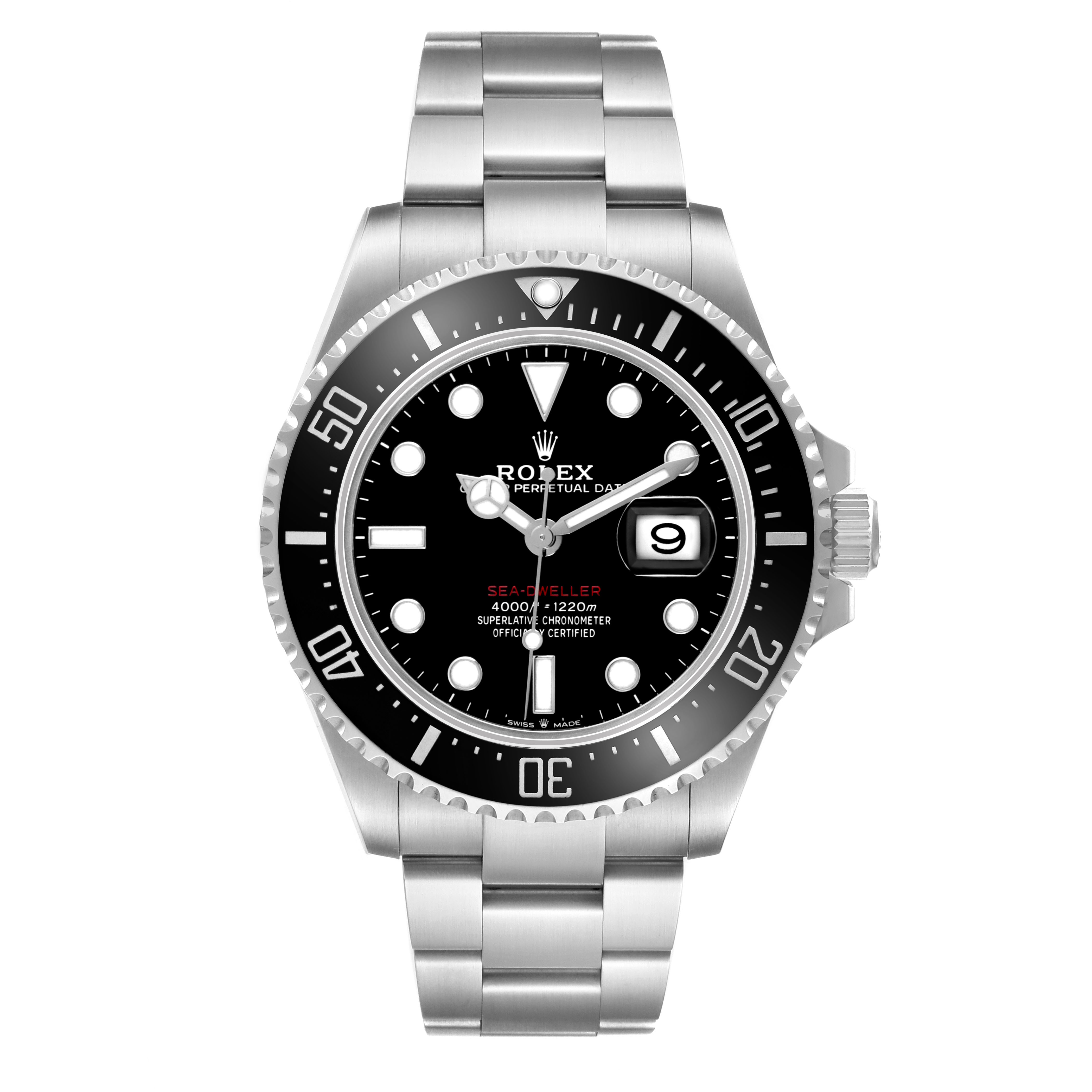 The Rolex Sea-Dweller 126600 Men's Stainless Steel Black Dial watch is shown from a front angle, revealing the dial, bezel, and bracelet.