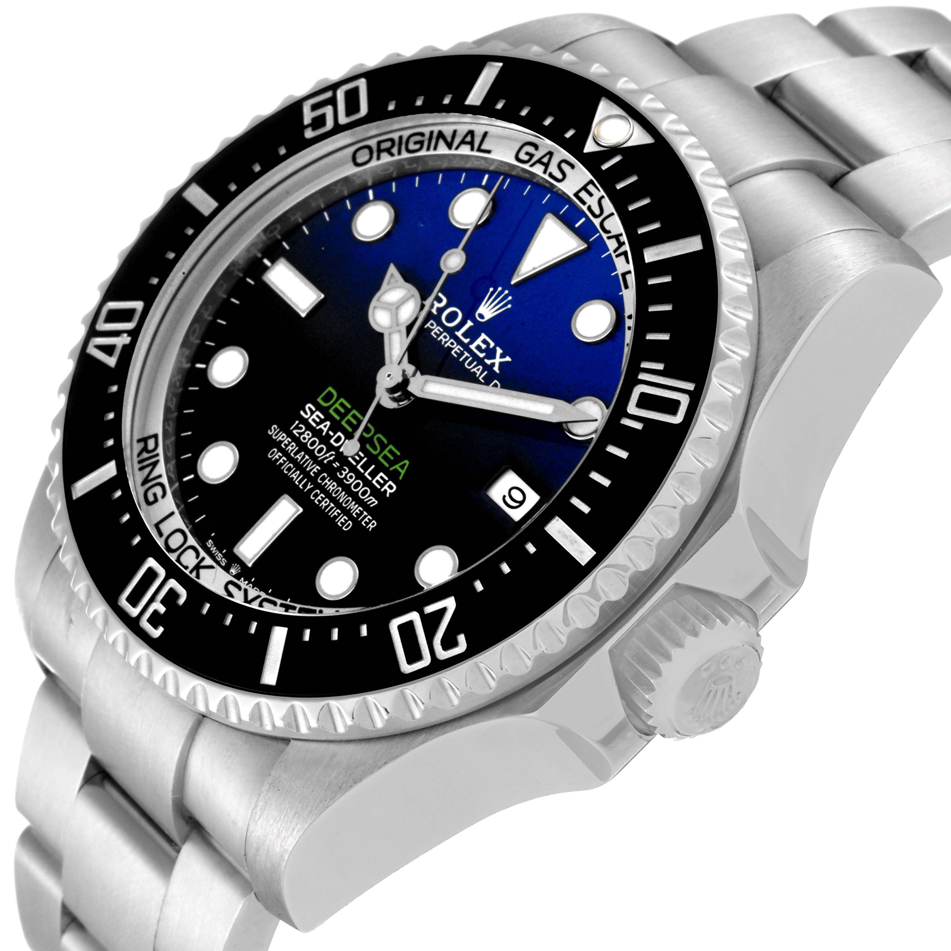 The image shows a side angle of the Rolex Sea-Dweller 126660 Men's Stainless Steel Blue Dial 126660 Men's Stainless Steel Blue Dial watch highlighting its bezel, dial, and bracelet.