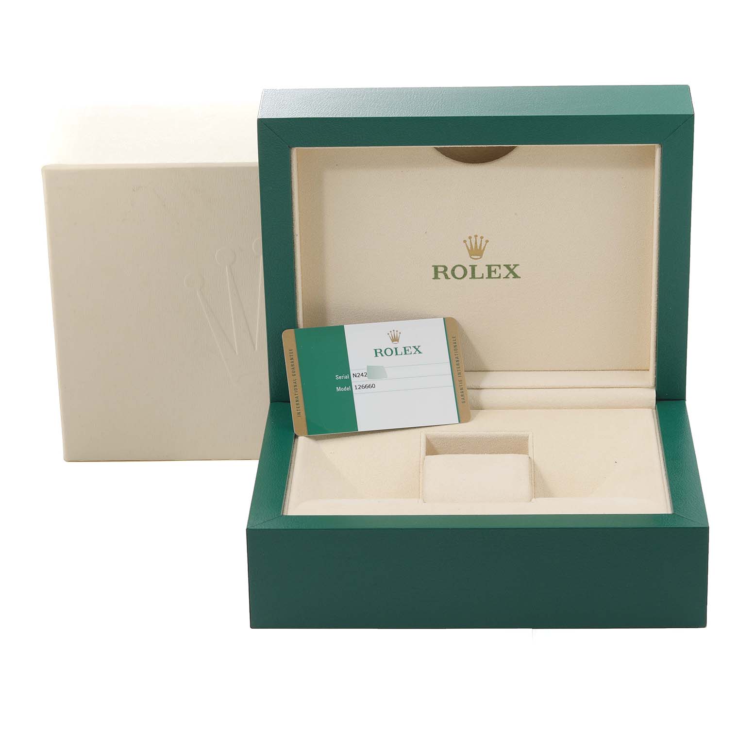 The image shows the open green and beige box and authenticity card for the Rolex Sea-Dweller 126660 Men's Stainless Steel Blue Dial 126660 Men's Stainless Steel Blue Dial watch.
