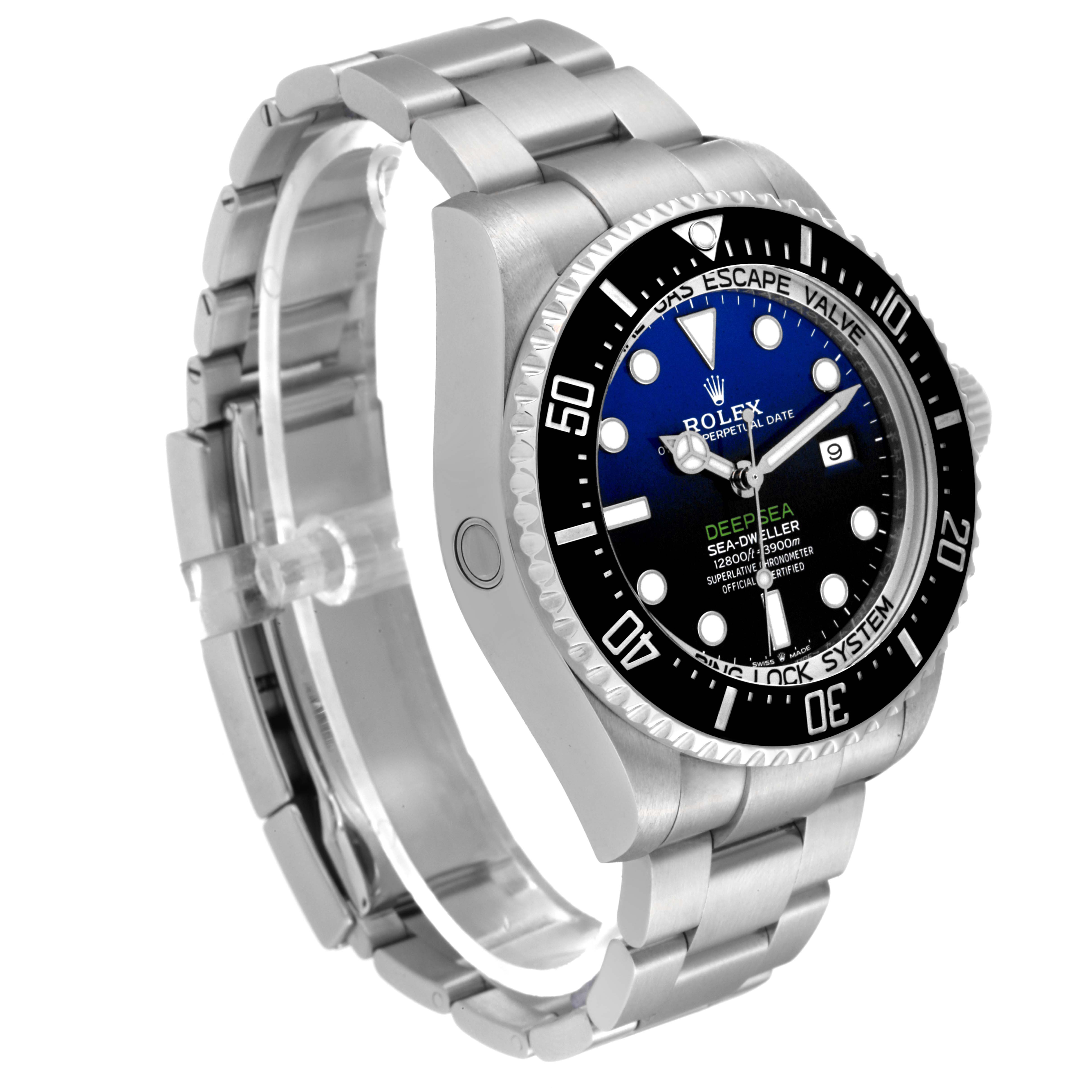 The Rolex Sea-Dweller 126660 Men's Stainless Steel Blue Dial 126660 Men's Stainless Steel Blue Dial watch is shown at an angled side view, highlighting the case, dial, bracelet, and helium escape valve.