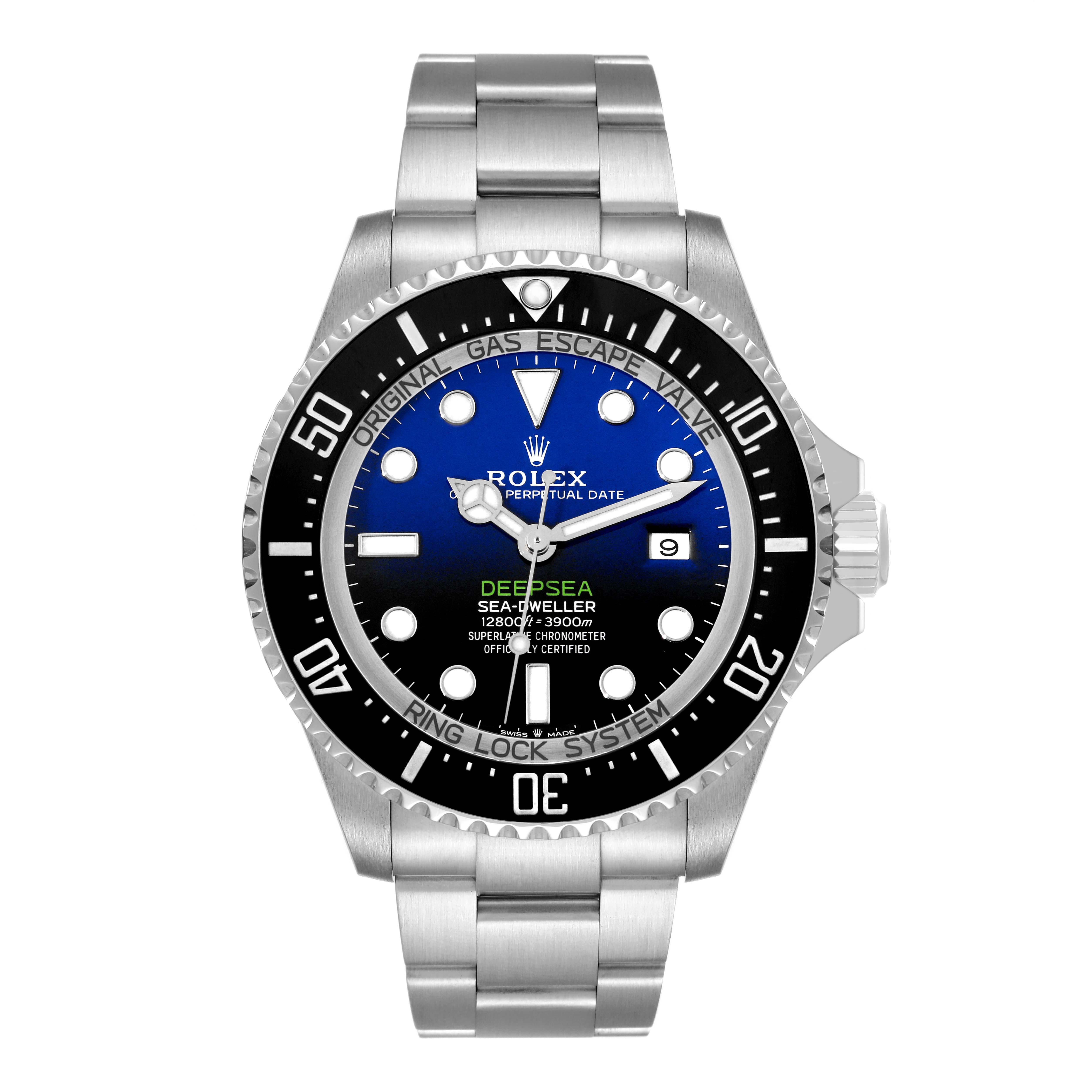 The image shows a front view of the Rolex Sea-Dweller 126660 Men's Stainless Steel Blue Dial 126660 Men's Stainless Steel Blue Dial Deepsea watch, displaying its dial, bezel, and stainless steel bracelet.