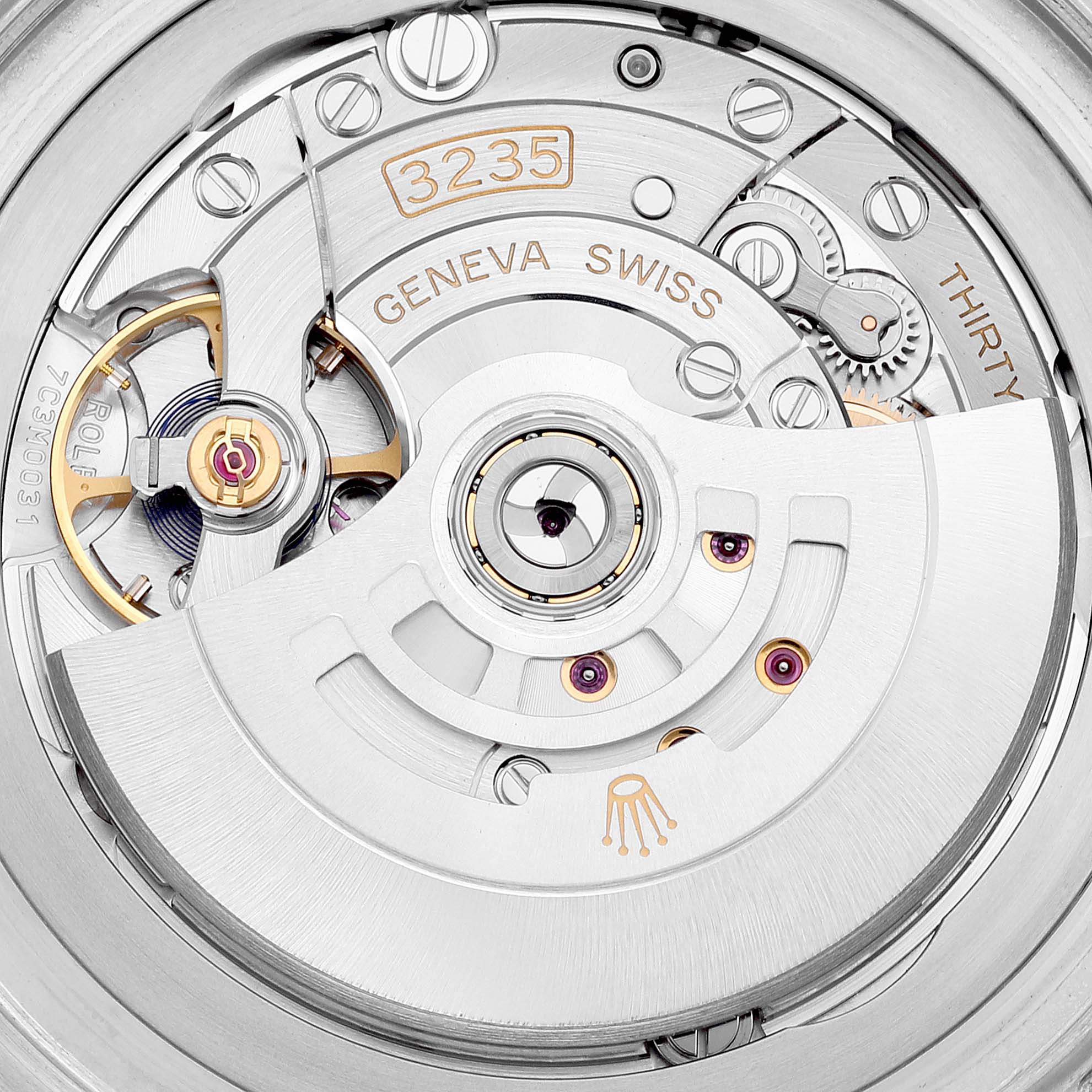 The image shows a close-up view of the movement inside a Rolex Sea-Dweller 126660 Men's Stainless Steel Blue Dial 126660 Men's Stainless Steel Blue Dial model, highlighting its intricate mechanical parts.