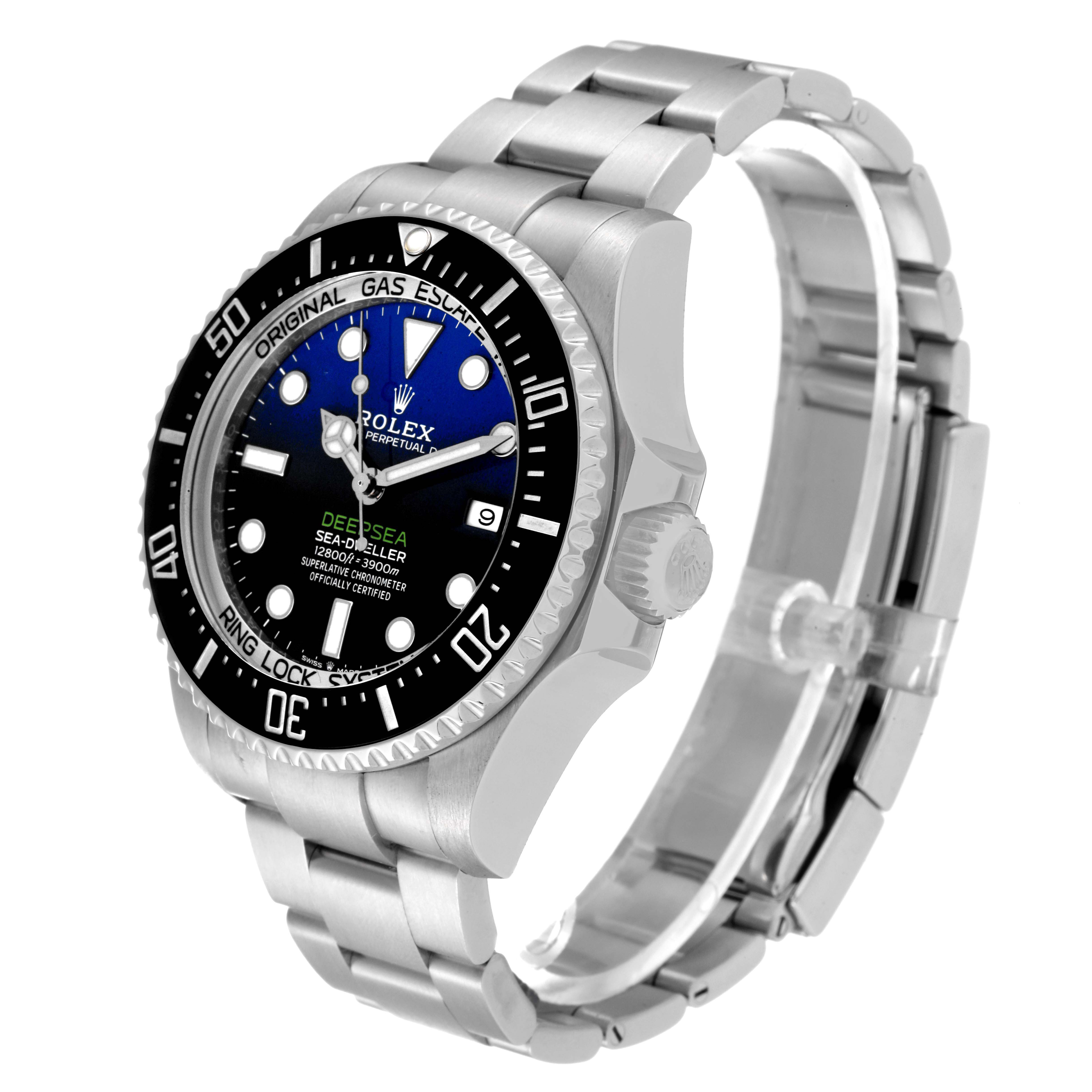 The image shows a side angle of a Rolex Sea-Dweller 126660 Men's Stainless Steel Blue Dial 126660 Men's Stainless Steel Blue Dial watch, highlighting the face, bezel, crown, and metal bracelet.