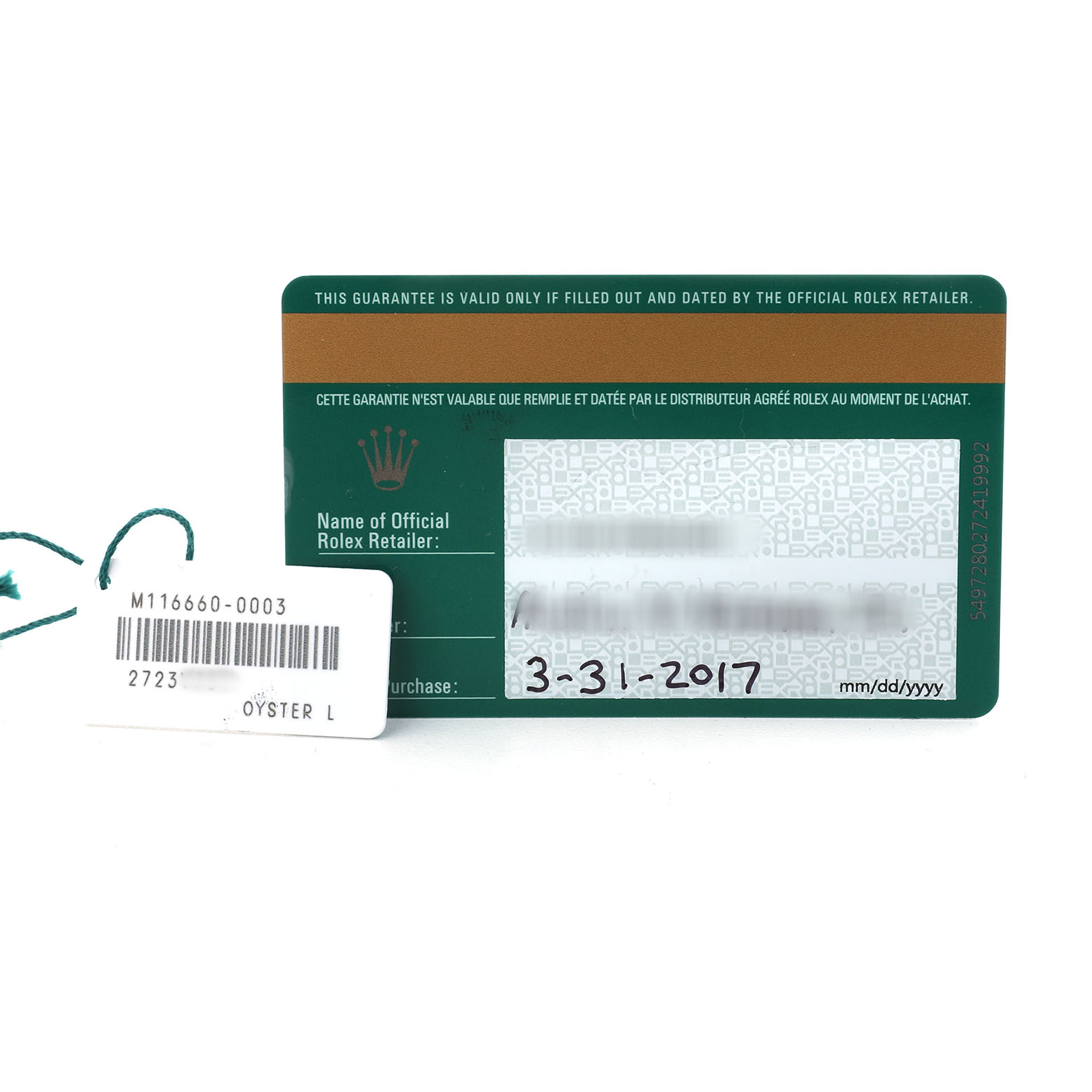 The image shows a warranty card and tag for a Rolex Sea-Dweller 116660 Men's Stainless Steel Blue Dial watch model.