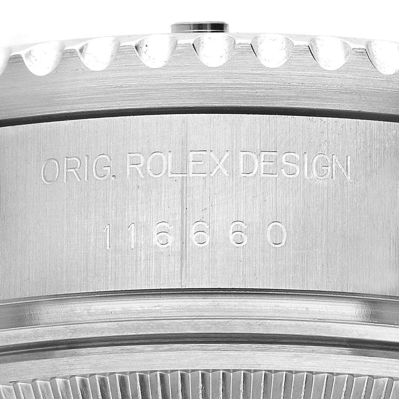 This image shows the side of the Rolex Sea-Dweller 116660 Men's Stainless Steel Blue Dial watch, highlighting the model number engraving and bezel edge.