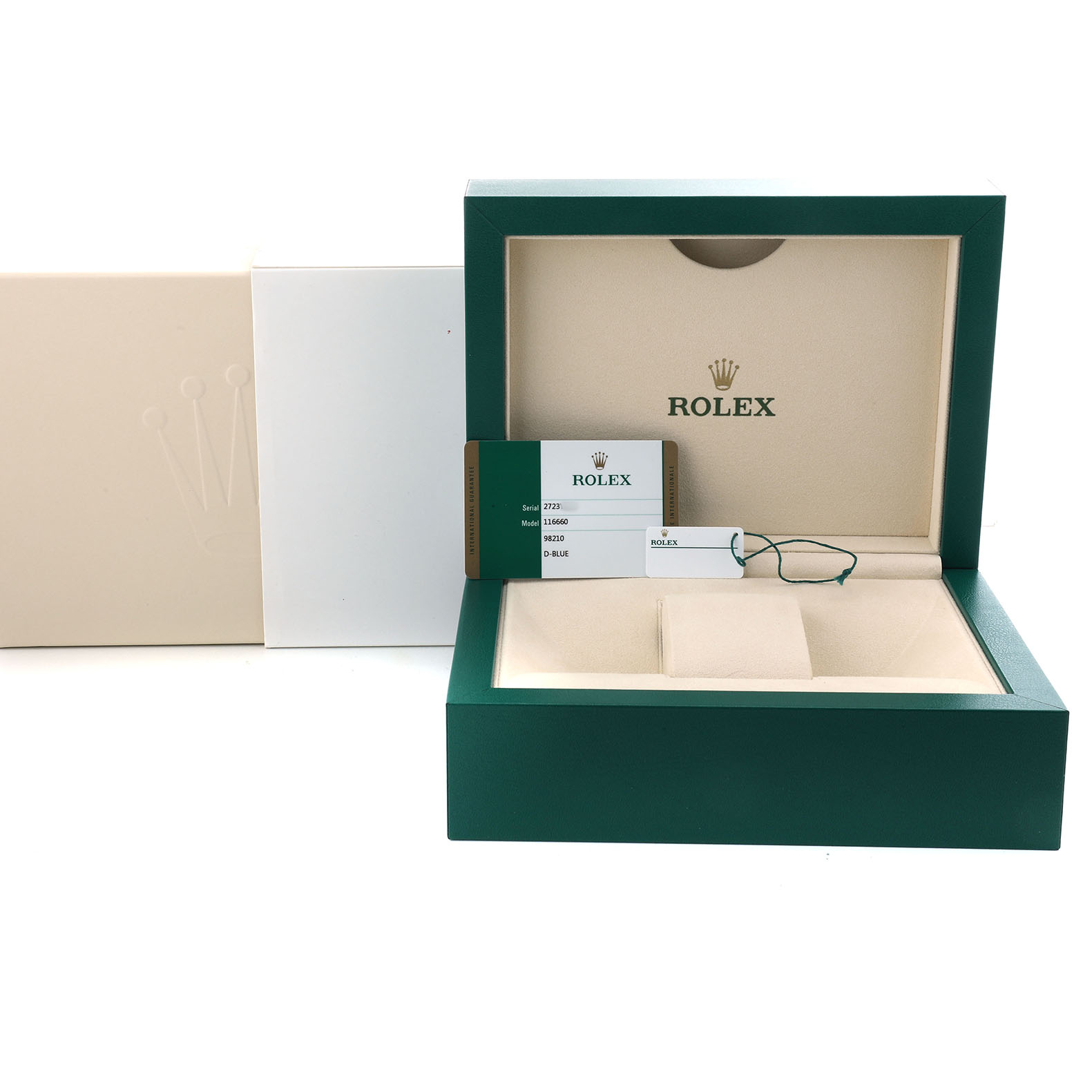 The image shows a Rolex Sea-Dweller 116660 Men's Stainless Steel Blue Dial watch box with a warranty card and tag, viewed from the front.