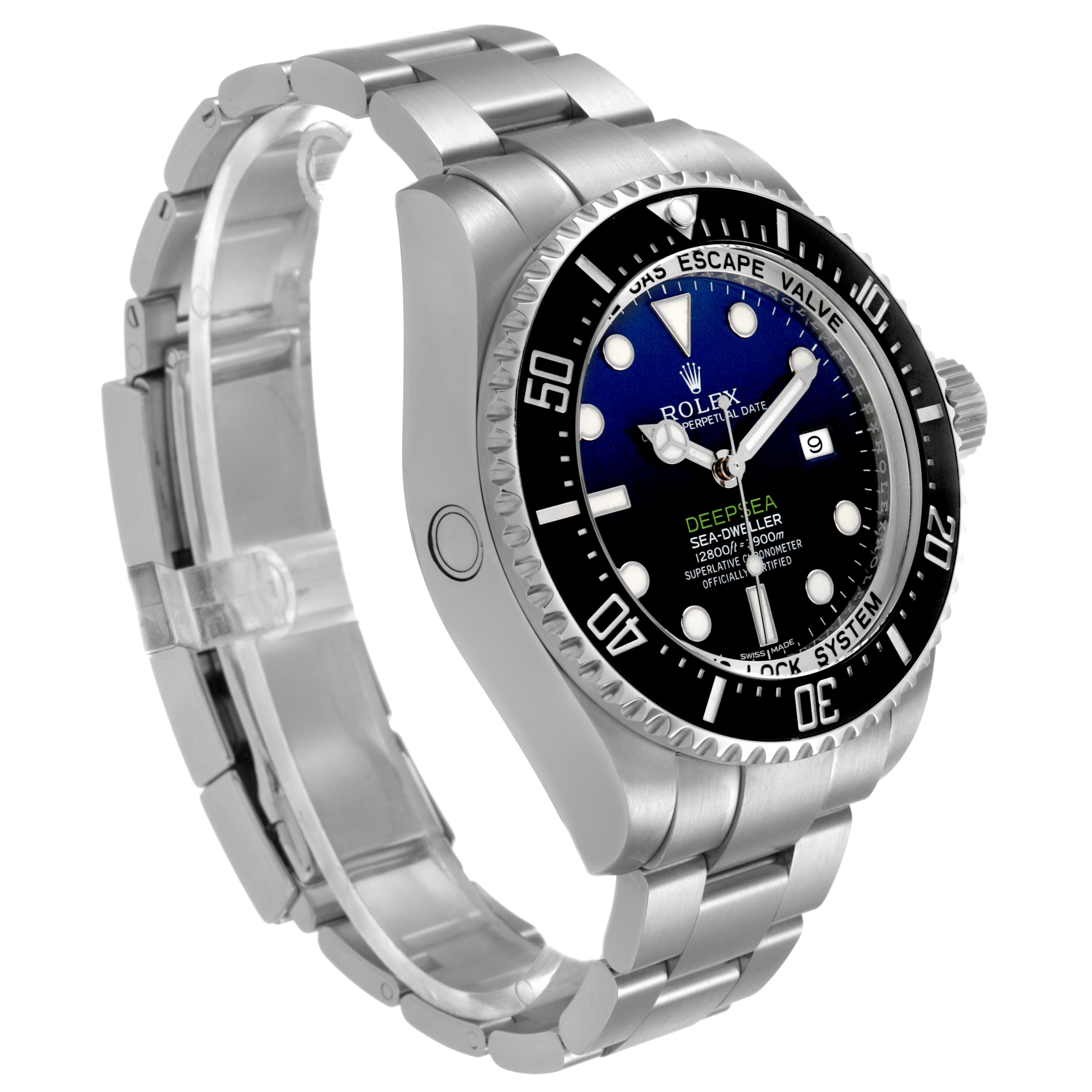 The Rolex Sea-Dweller 116660 Men's Stainless Steel Blue Dial watch is shown at a three-quarter angle highlighting the face, bezel, and bracelet.