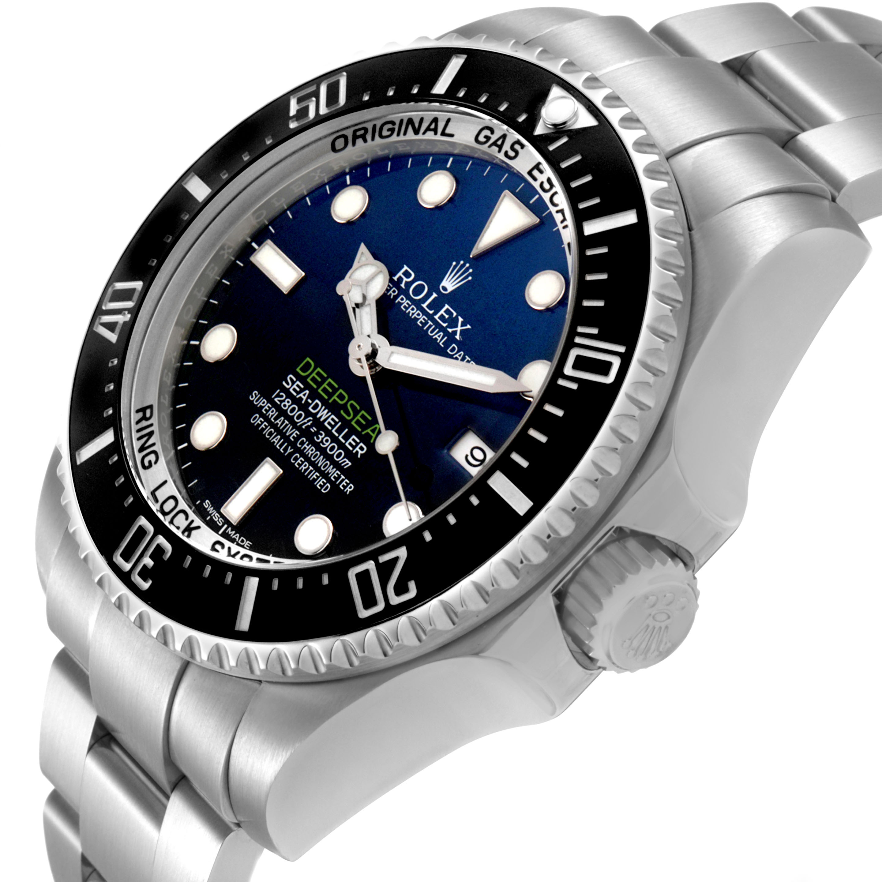 The Rolex Sea-Dweller 116660 Men's Stainless Steel Blue Dial watch is shown at an angled side view, highlighting the dial, bezel, crown, and bracelet.