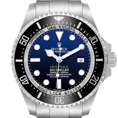 The Rolex Sea-Dweller 116660 Men's Stainless Steel Blue Dial watch is shown from the front, displaying the dial, bezel, and part of the bracelet.