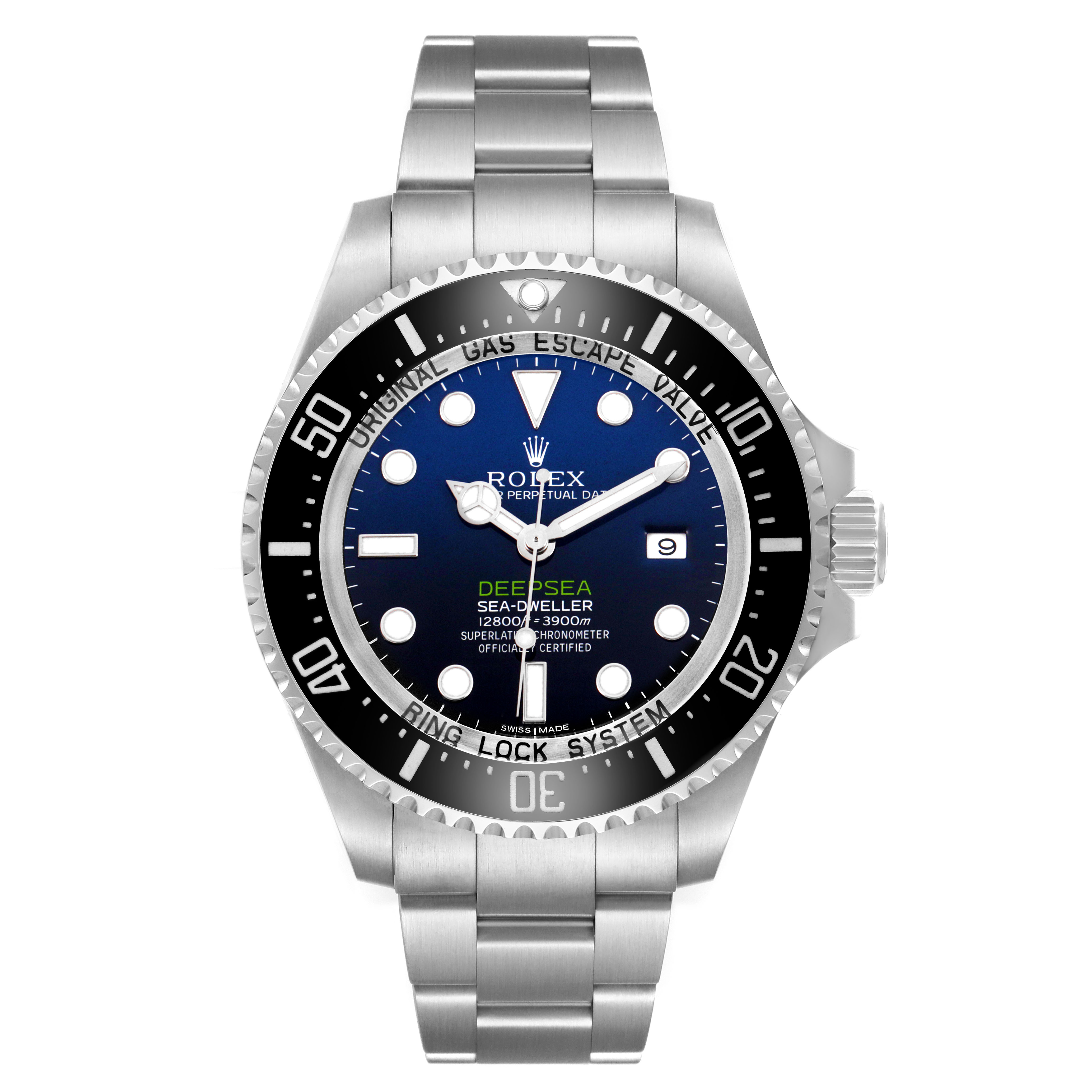 The Rolex Sea-Dweller 116660 Men's Stainless Steel Blue Dial watch is shown from the front, displaying the face, bezel, and bracelet.