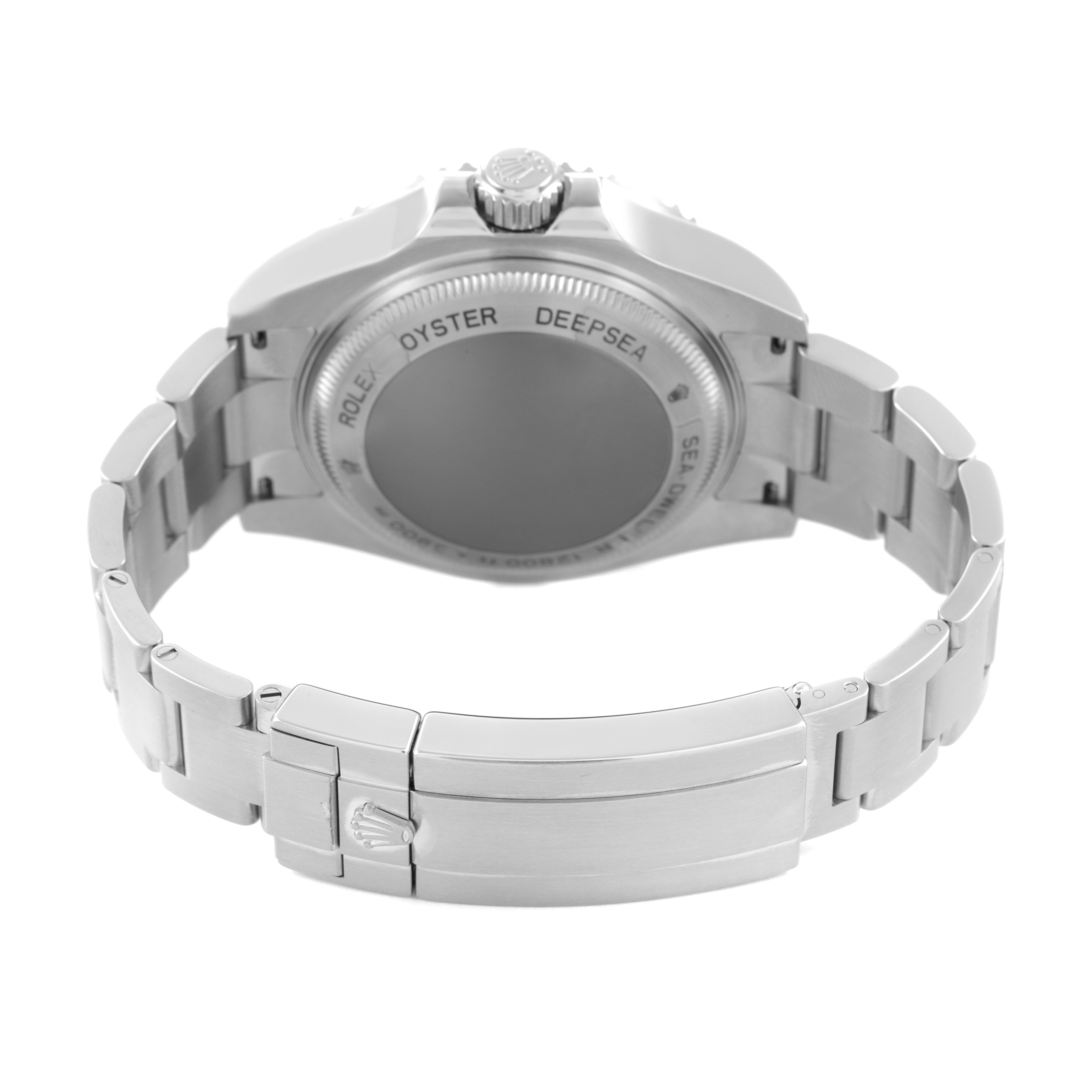 The image shows the back case and bracelet of a Rolex Sea-Dweller 116660 Men's Stainless Steel Blue Dial watch from a rear angle.