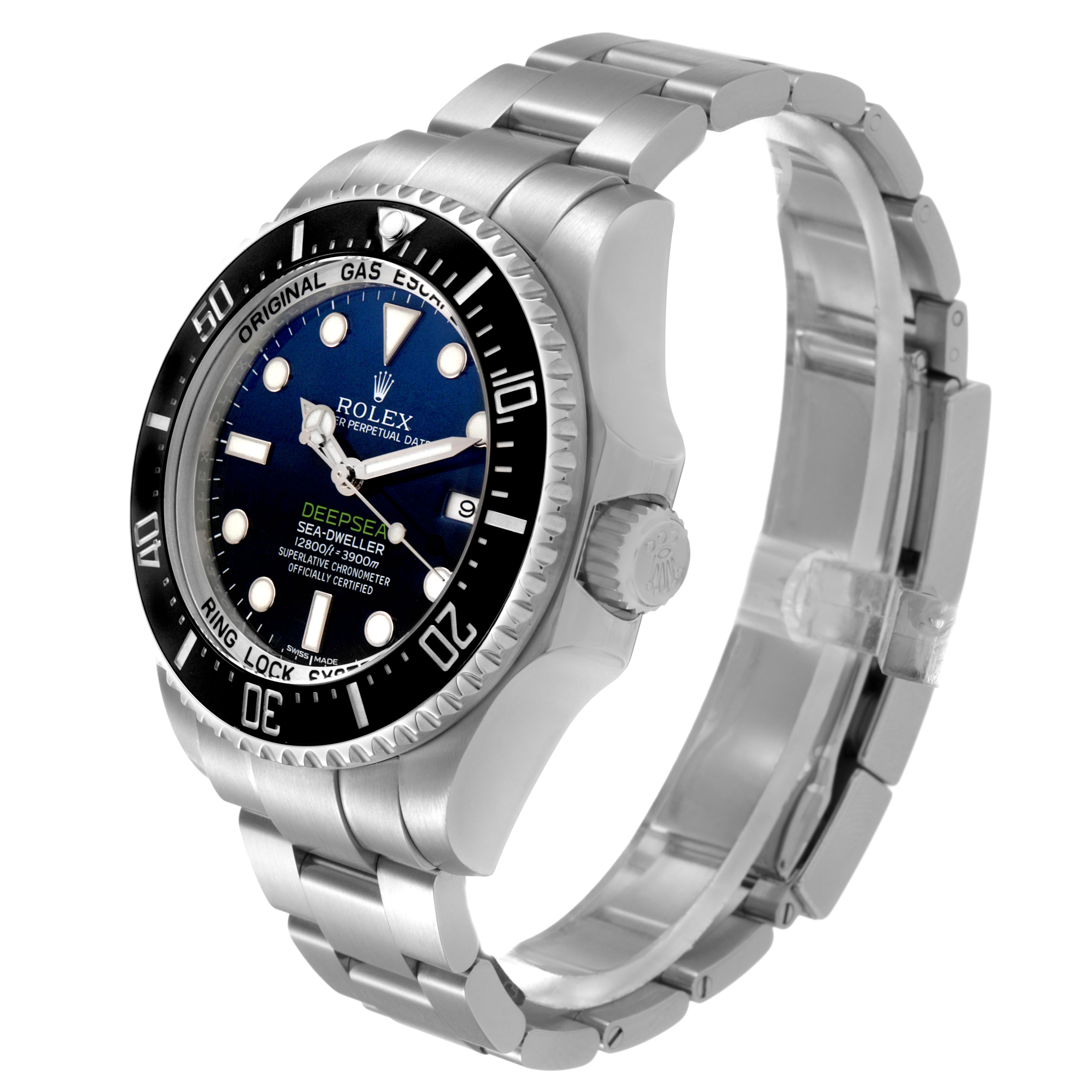 The Rolex Sea-Dweller 116660 Men's Stainless Steel Blue Dial watch is shown at a three-quarter angle highlighting the dial, bezel, case, and bracelet.