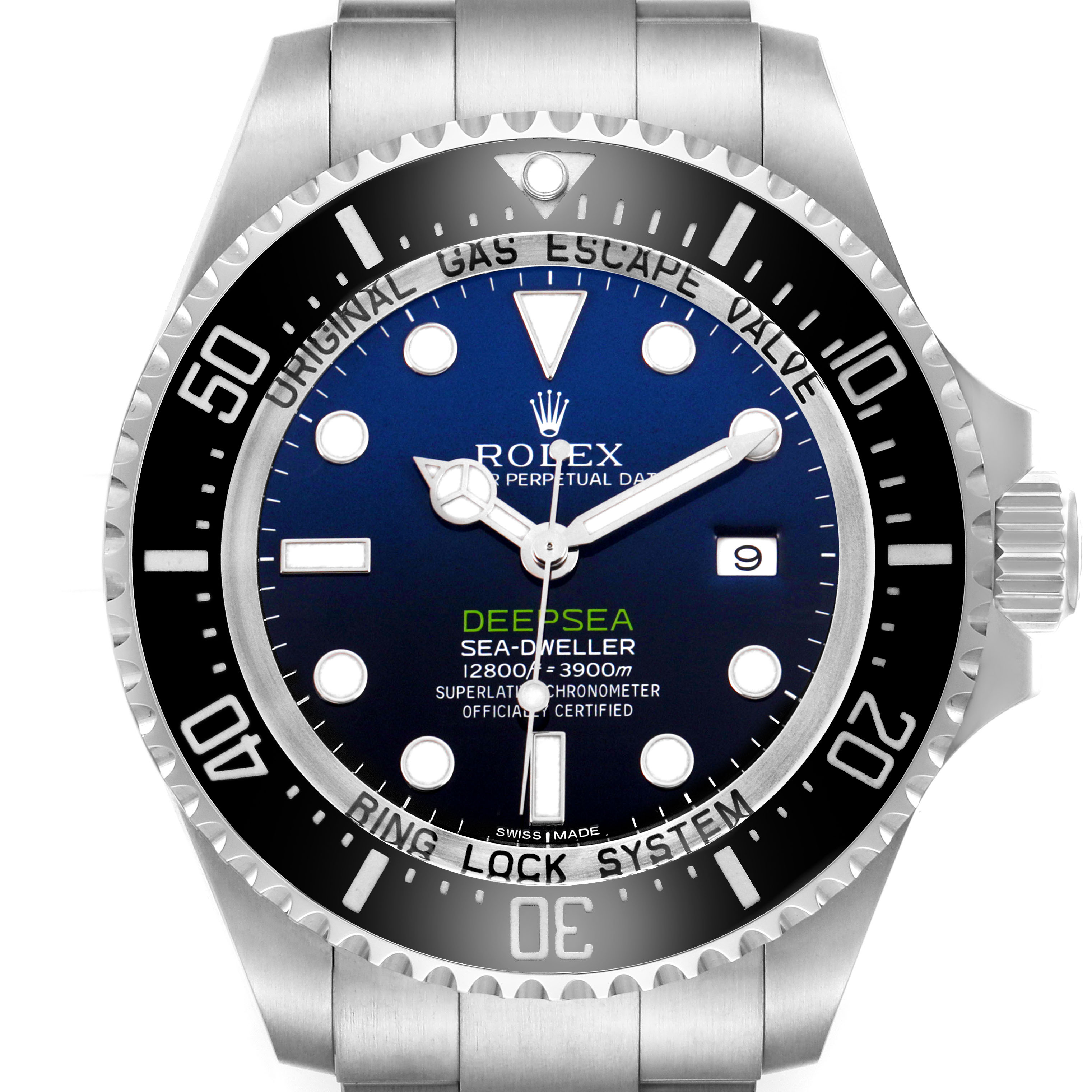The Rolex Sea-Dweller 116660 Men's Stainless Steel Blue Dial watch is shown from the front, highlighting its dial, bezel, and case.
