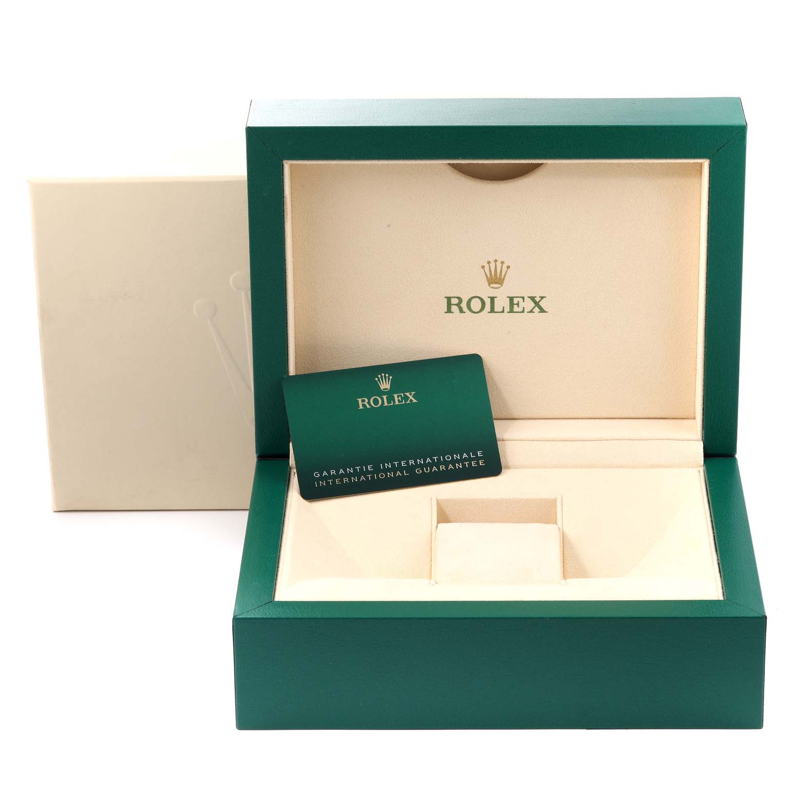 This image shows a green Rolex Sky-Dweller 326934 Men's Stainless Steel Black Dial 326934 Men's Stainless Steel Black Dial watch box with an international guarantee card inside.