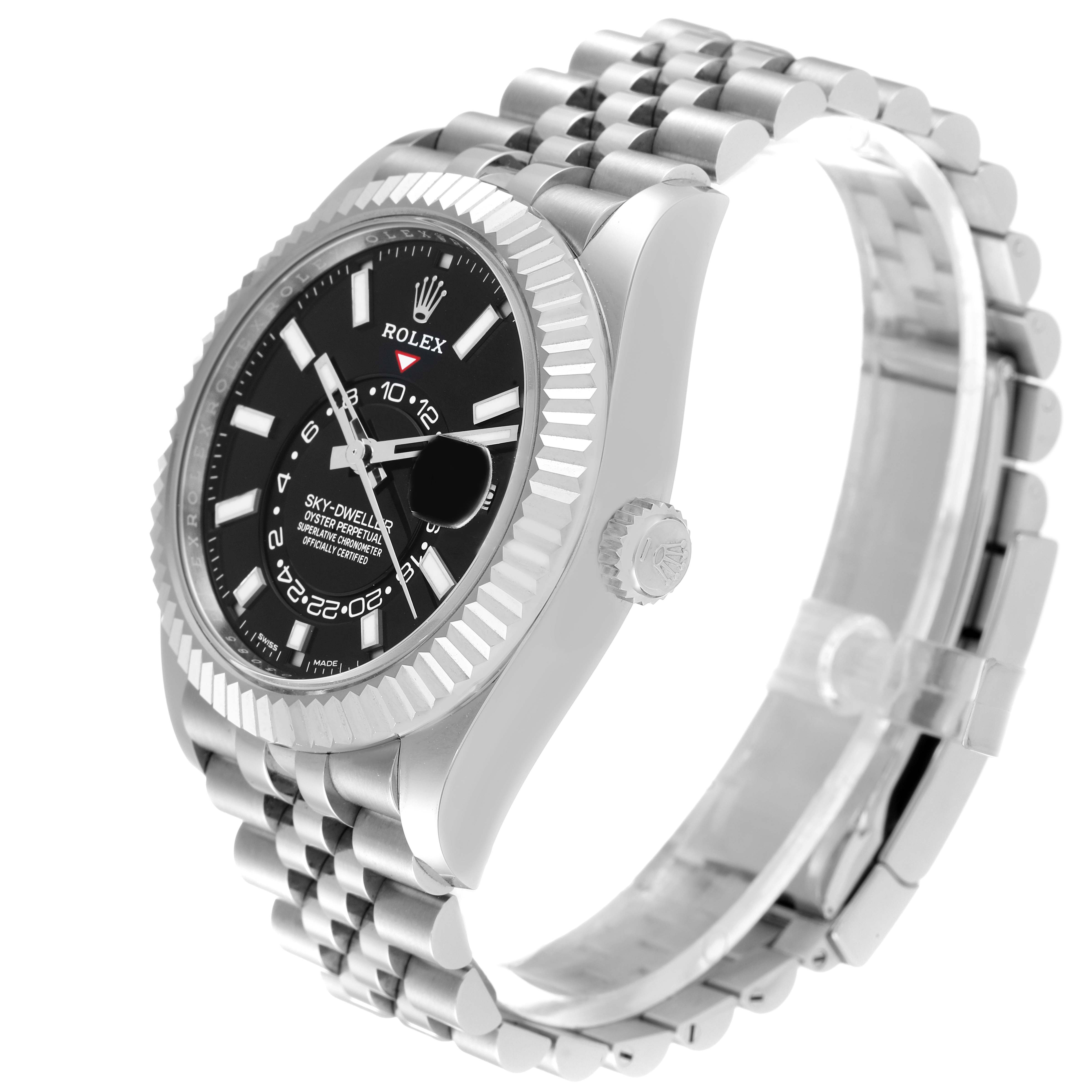 The Sky-Dweller by Rolex is shown at an oblique angle, highlighting the dial, bezel, crown, and bracelet.