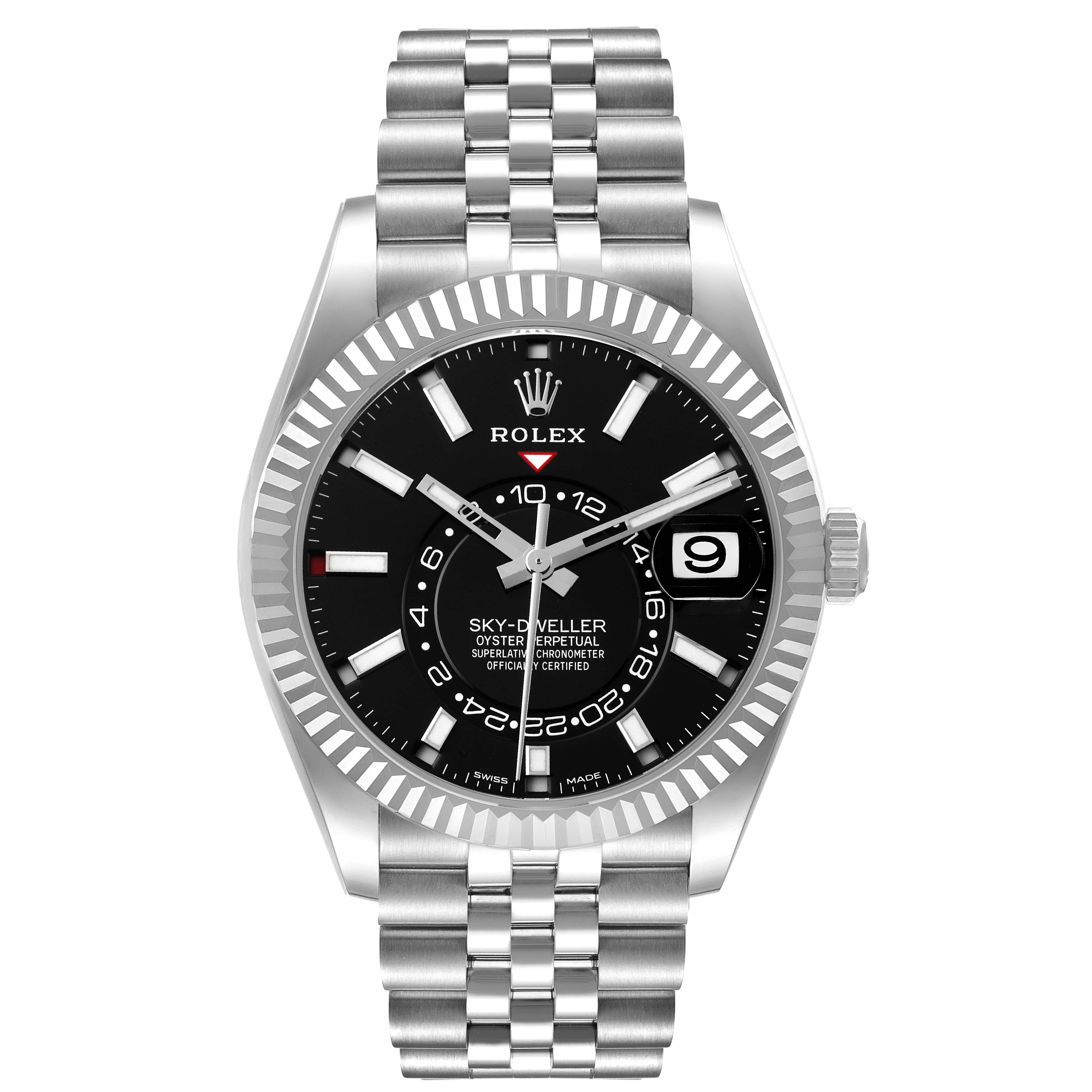 The image shows a front view of a Rolex Sky-Dweller 326934 Men's Stainless Steel Black Dial 326934 Men's Stainless Steel Black Dial watch, displaying its face, dial, date window, and metal bracelet.