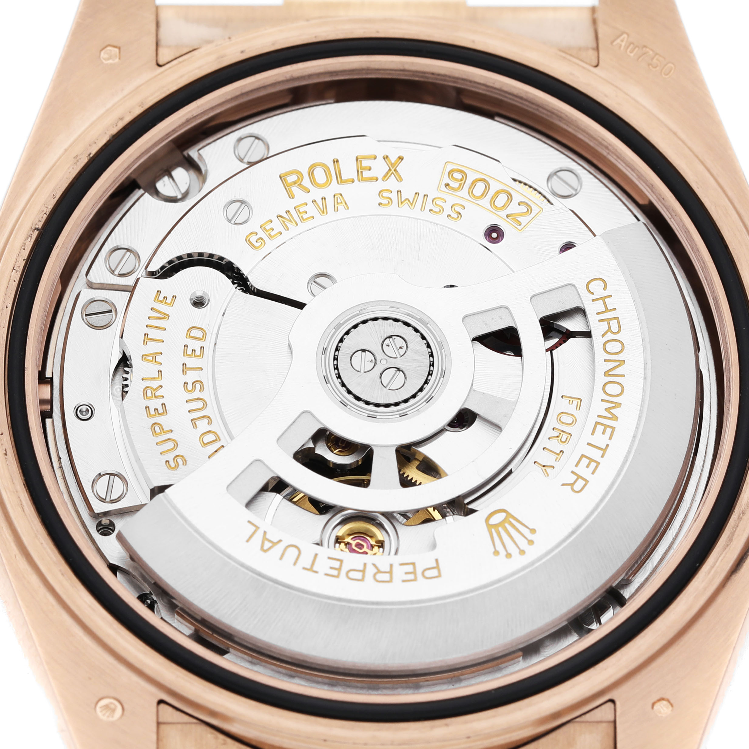 The image shows the back view of a Rolex Sky-Dweller 336235 Men's Rose Gold Brown Dial, revealing its intricate movement and rotor.