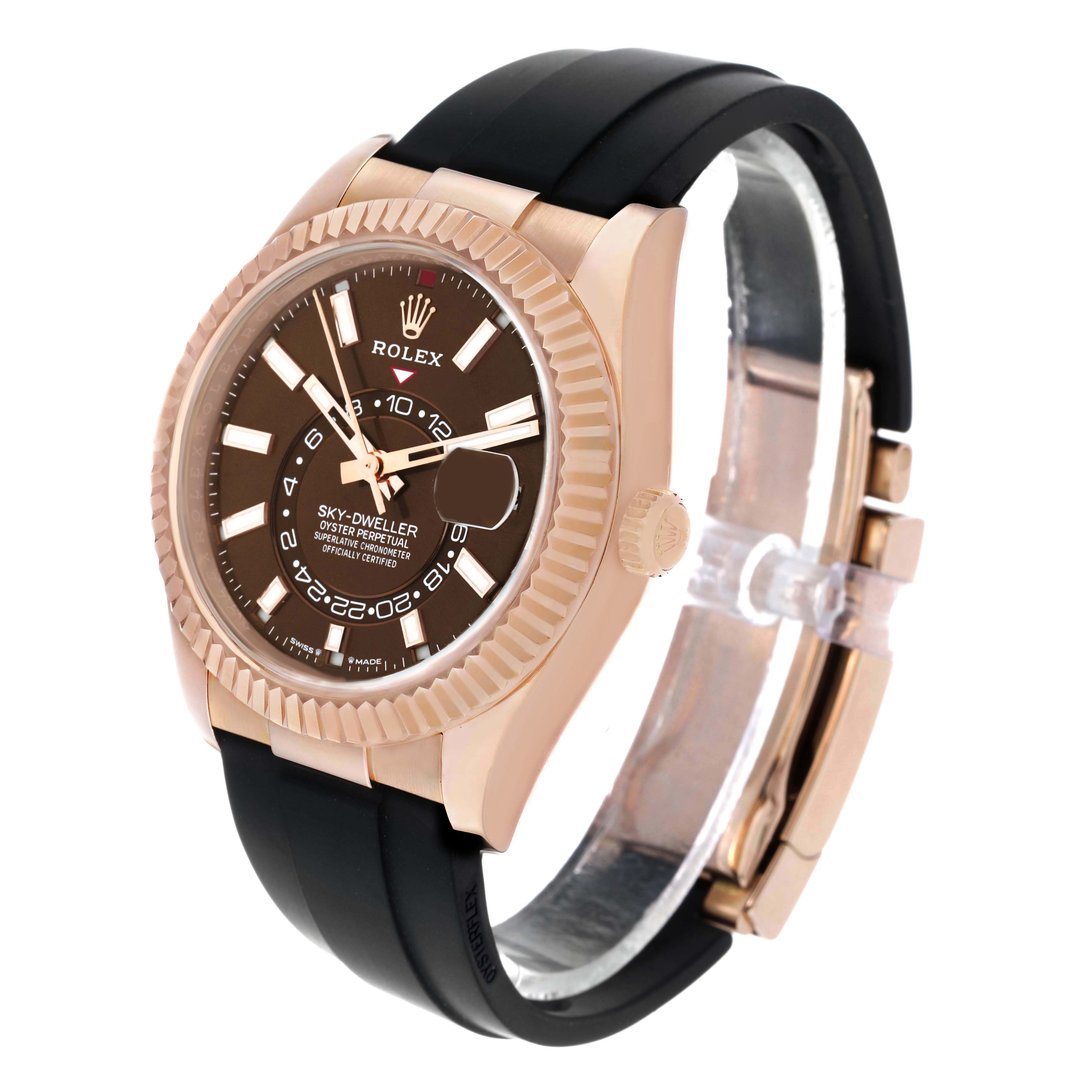 The Rolex Sky-Dweller 336235 Men's Rose Gold Brown Dial watch is shown at an angled view, highlighting the case, bezel, dial, and strap.