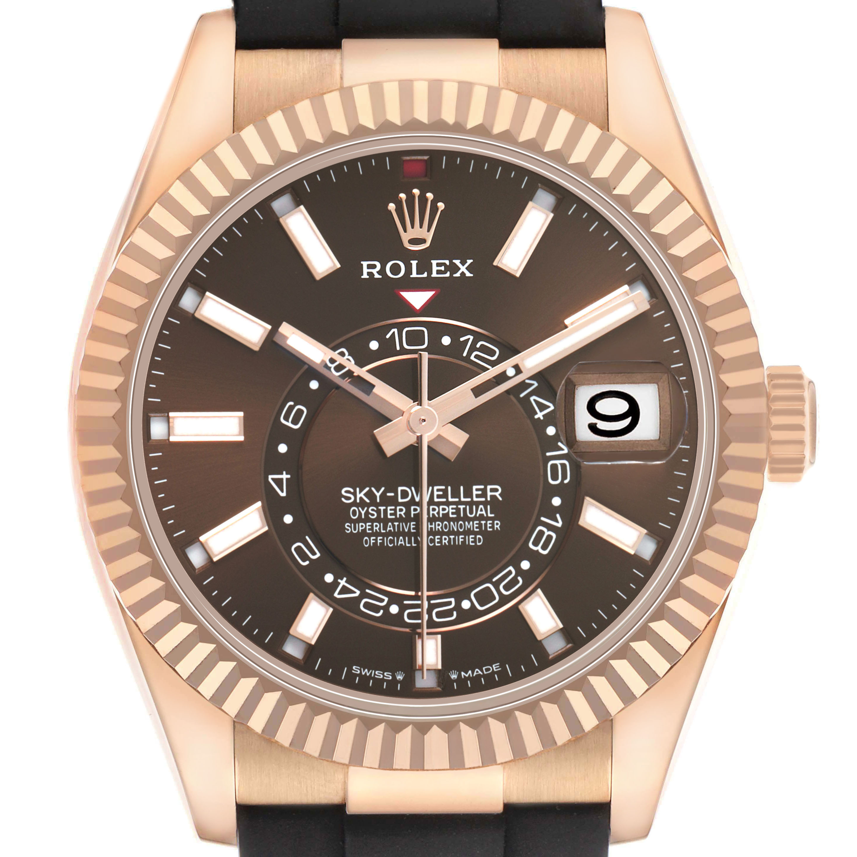 The Rolex Sky-Dweller 336235 Men's Rose Gold Brown Dial is shown from the front, highlighting its bezel, dial, and crown.
