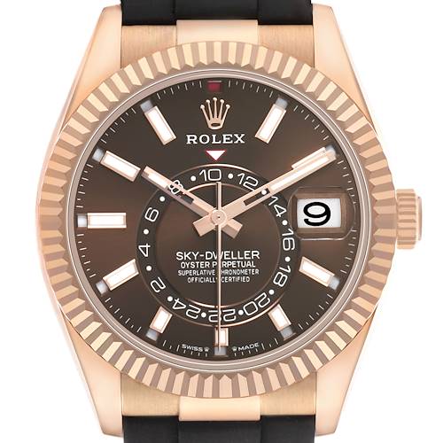 The image displays a front view of the Rolex Sky-Dweller 336235 Men's Rose Gold Brown Dial, highlighting the brown dial, fluted bezel, and date window.
