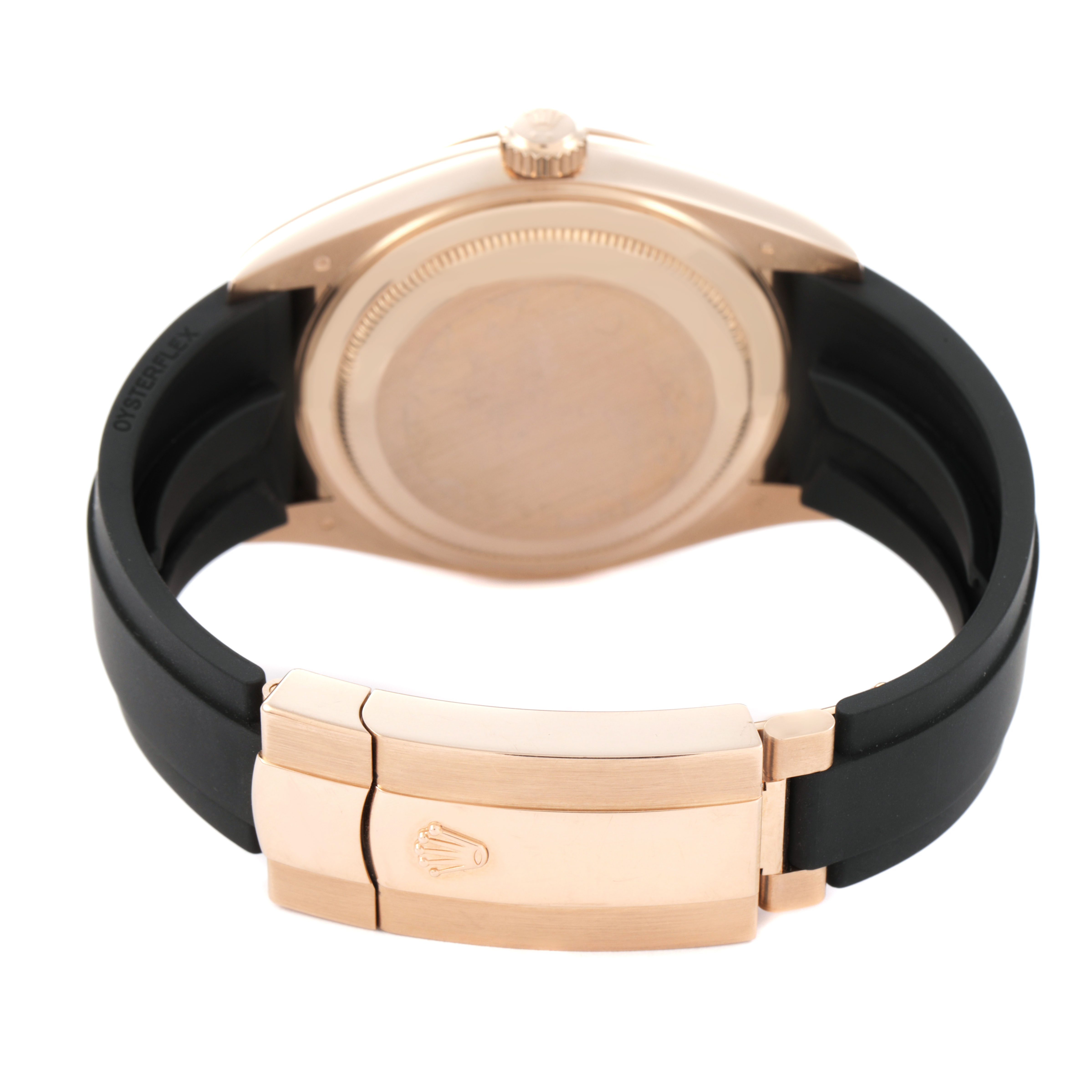 The image shows the back and clasp of a Rolex Sky-Dweller 336235 Men's Rose Gold Brown Dial with a focus on the case back and black strap.