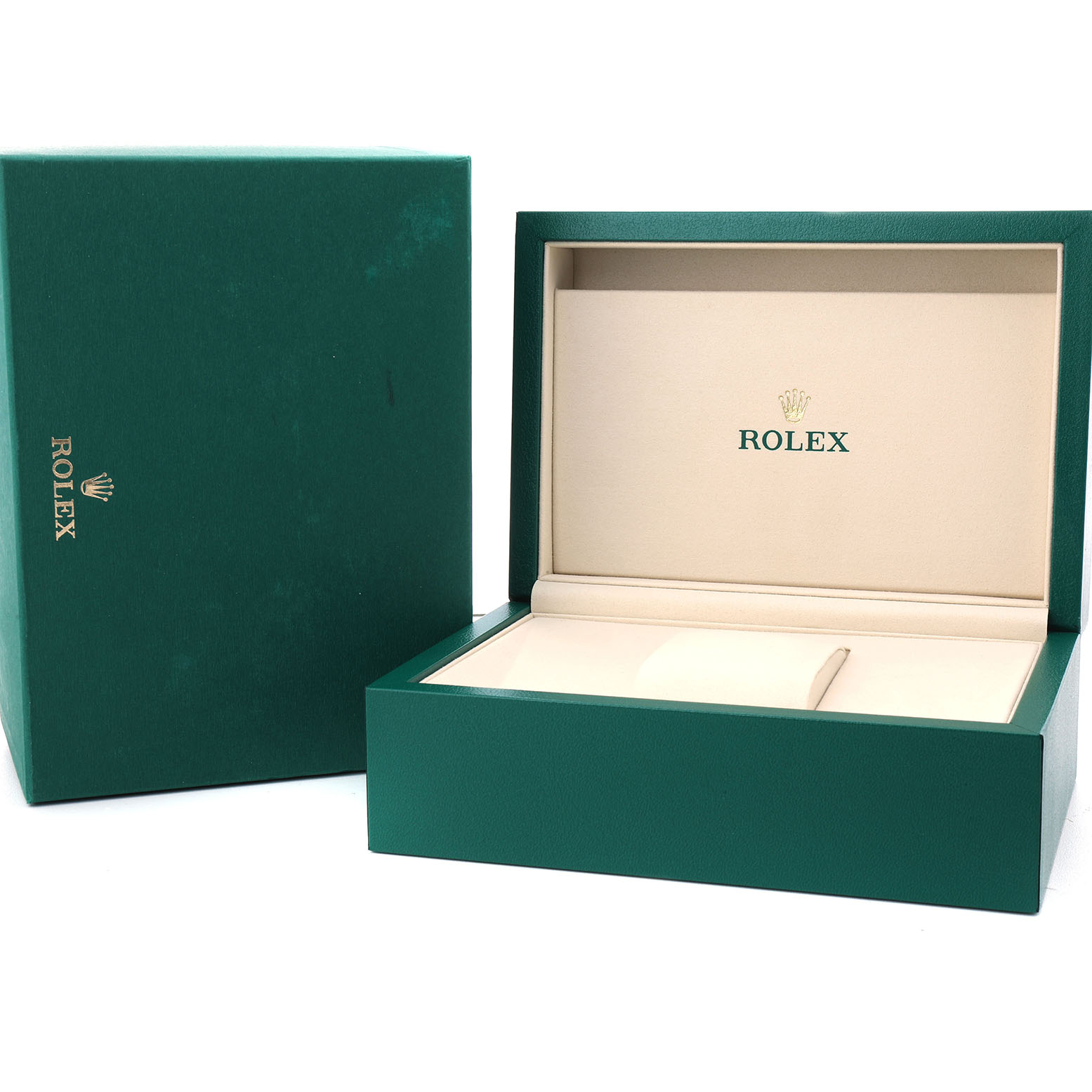 The image shows the packaging for a Rolex Sky-Dweller 336235 Men's Rose Gold Brown Dial, including an open green box and its matching outer box.