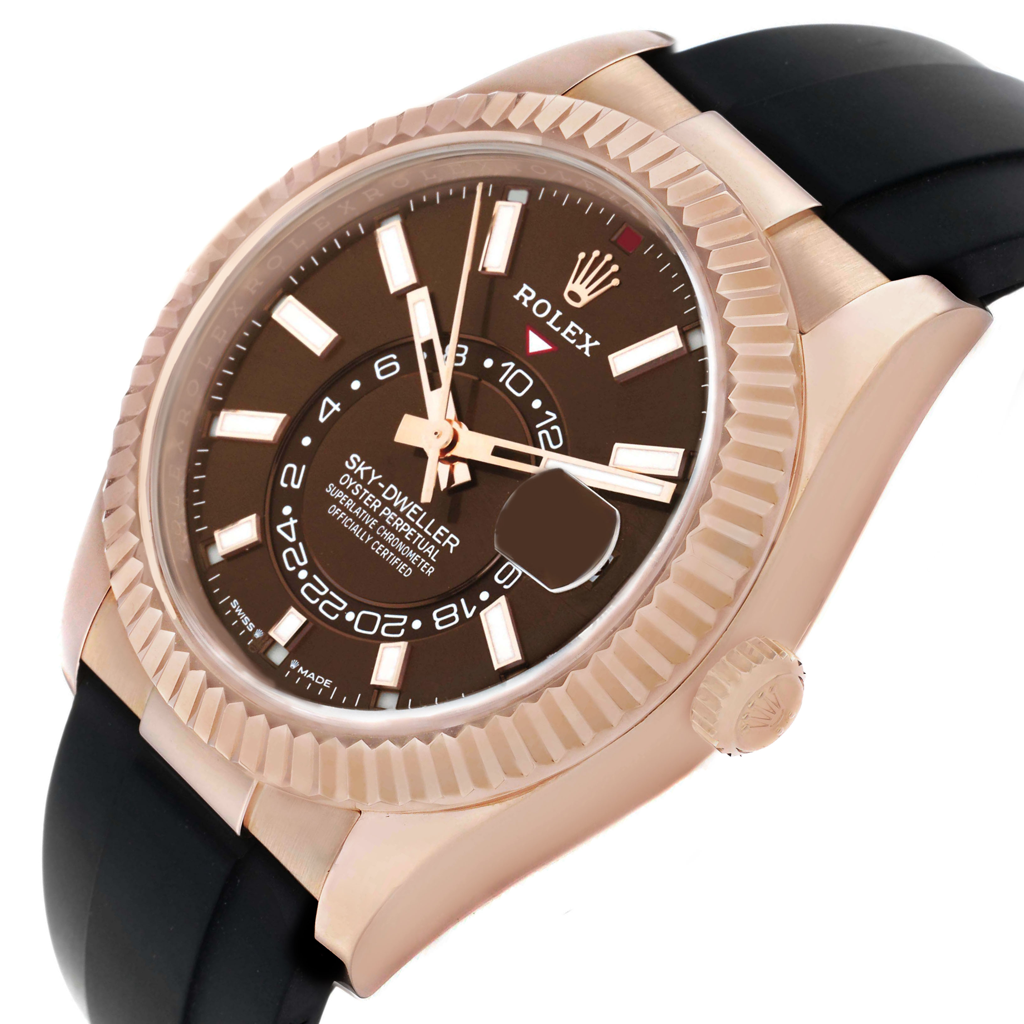 The Rolex Sky-Dweller 336235 Men's Rose Gold Brown Dial watch is shown at an angled view highlighting the bezel, dial, and part of the strap.