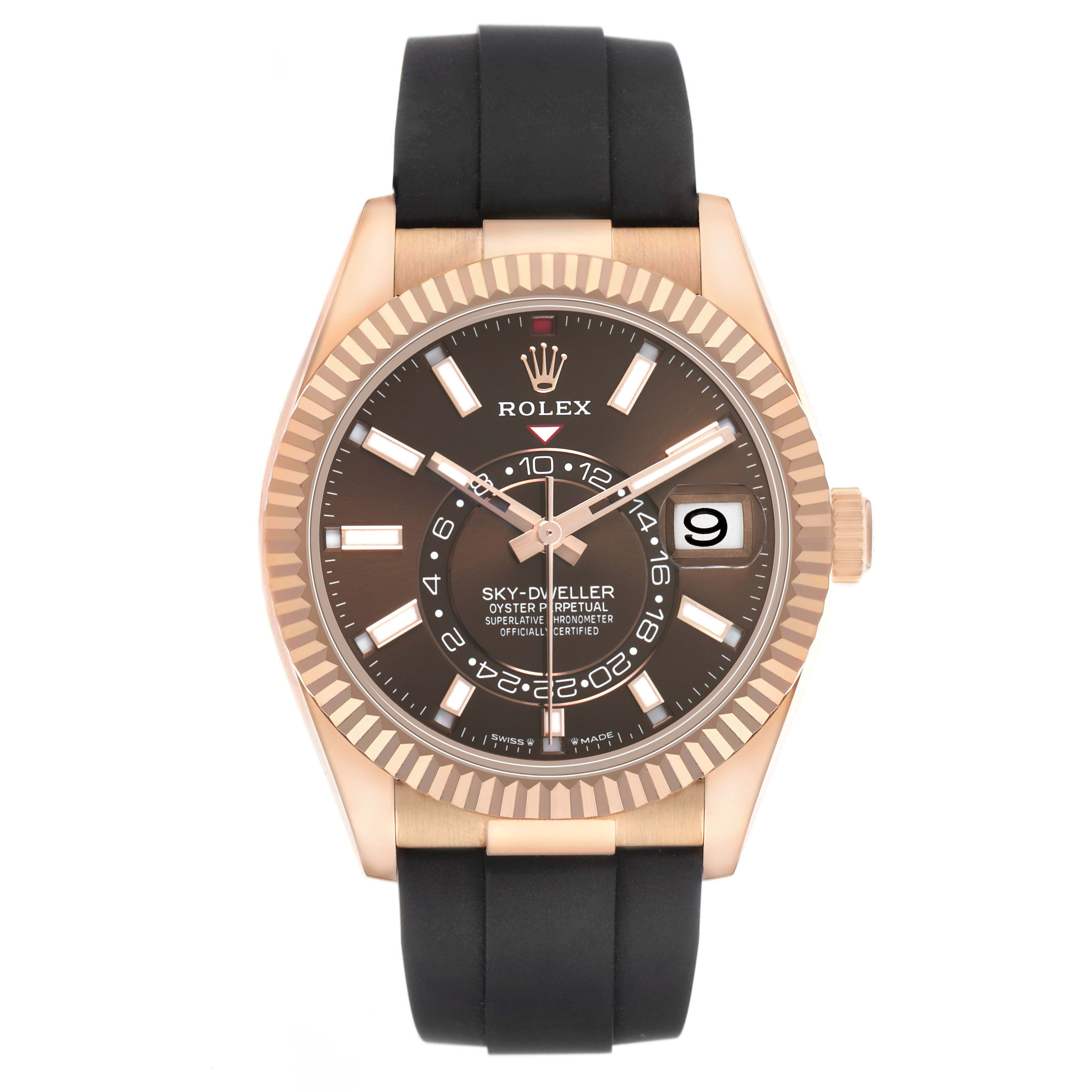 The Rolex Sky-Dweller 336235 Men's Rose Gold Brown Dial watch is shown from the front, highlighting the dial, bezel, and black strap.