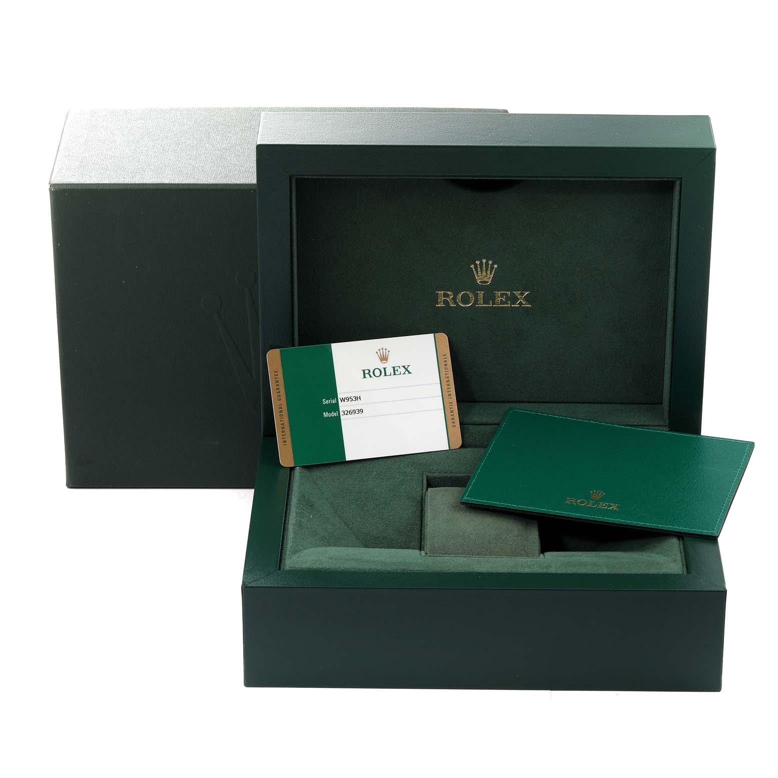 The image shows the box and accessories for a Rolex Sky-Dweller 326939 Men's White Gold White Dial 326939 Men's White Gold White Dial watch, including the warranty card and booklet.
