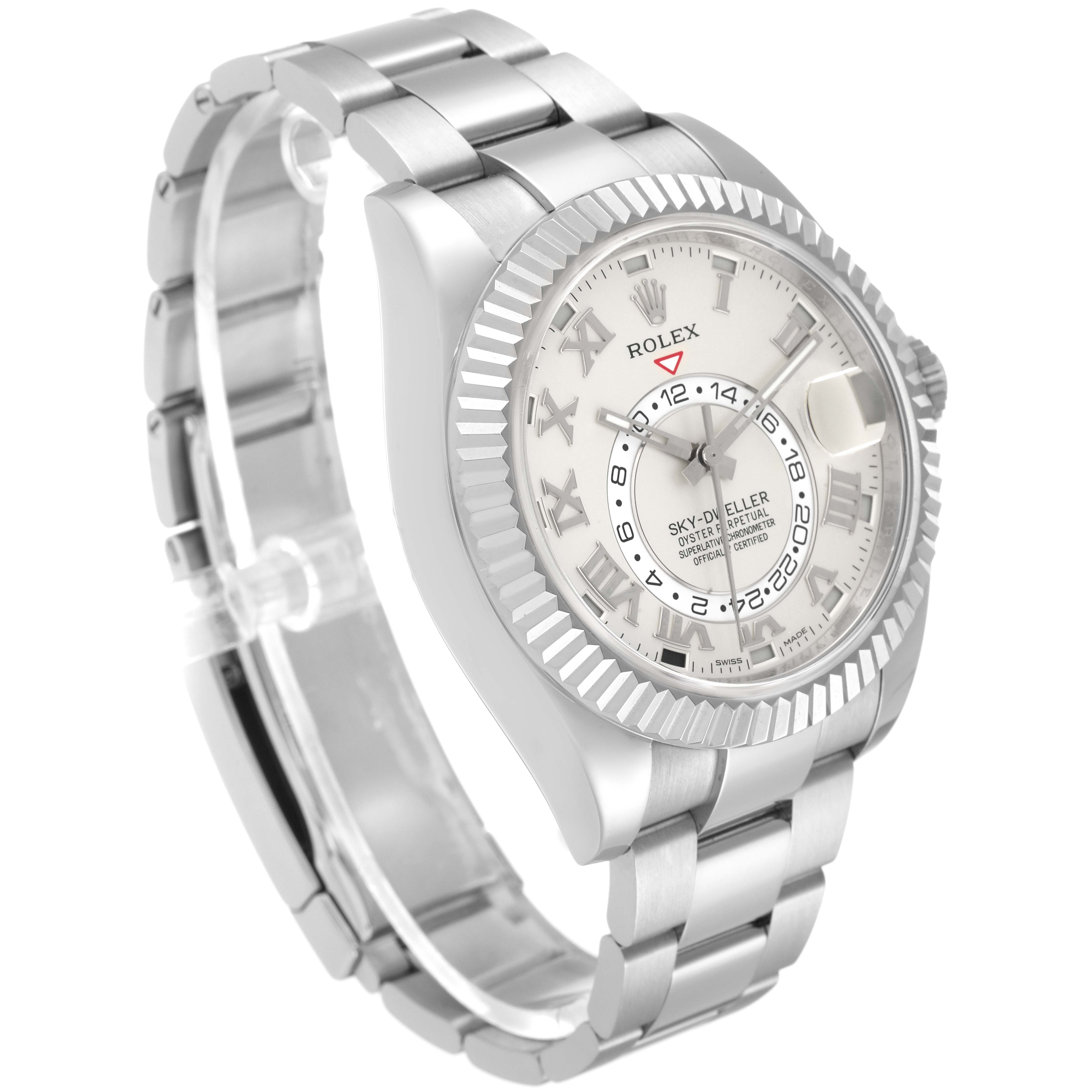 The Rolex Sky-Dweller 326939 Men's White Gold White Dial 326939 Men's White Gold White Dial watch is shown at an angled view highlighting its dial, fluted bezel, and bracelet.