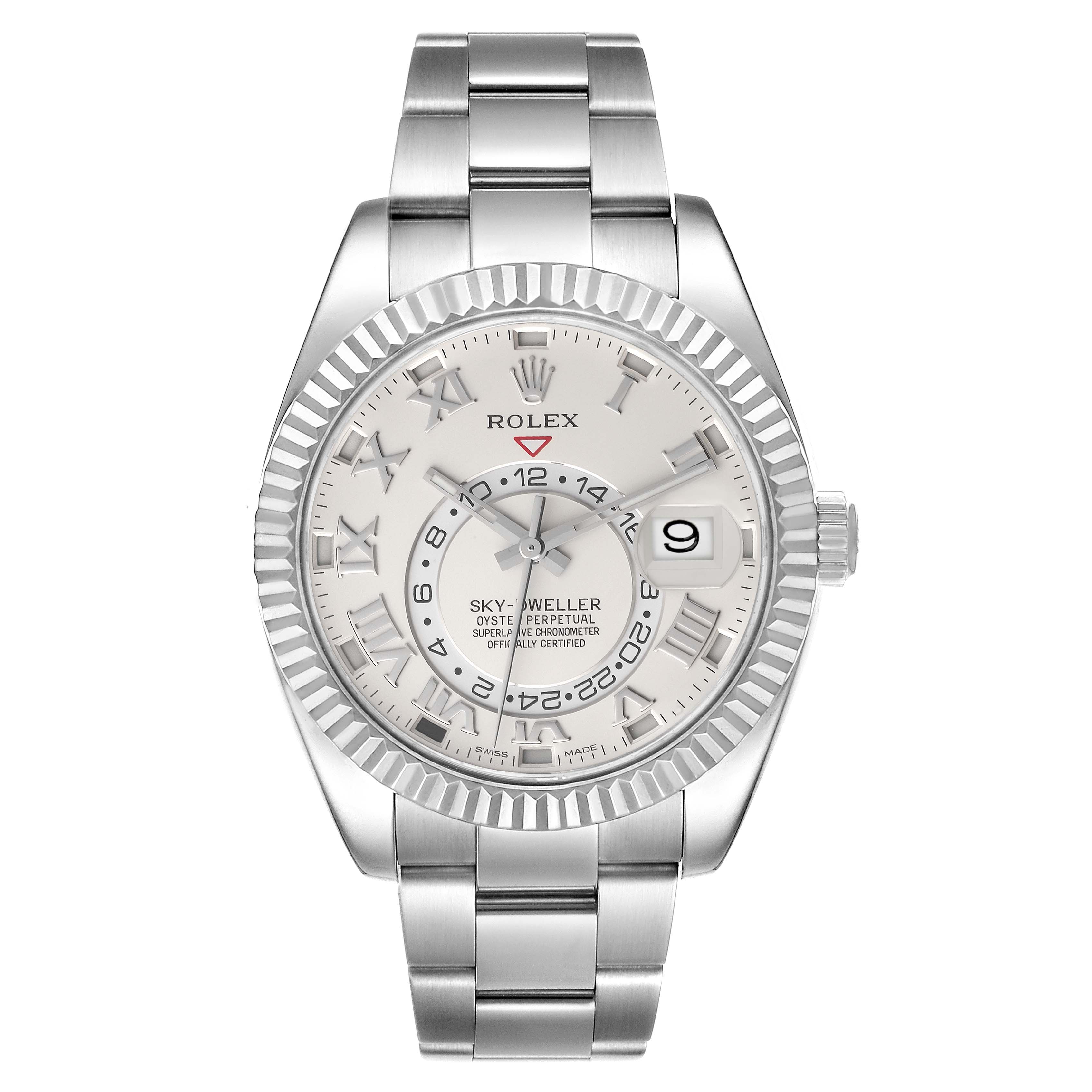 The image shows a frontal view of a Rolex Sky-Dweller 326939 Men's White Gold White Dial 326939 Men's White Gold White Dial watch, highlighting its dial, bezel, and bracelet.