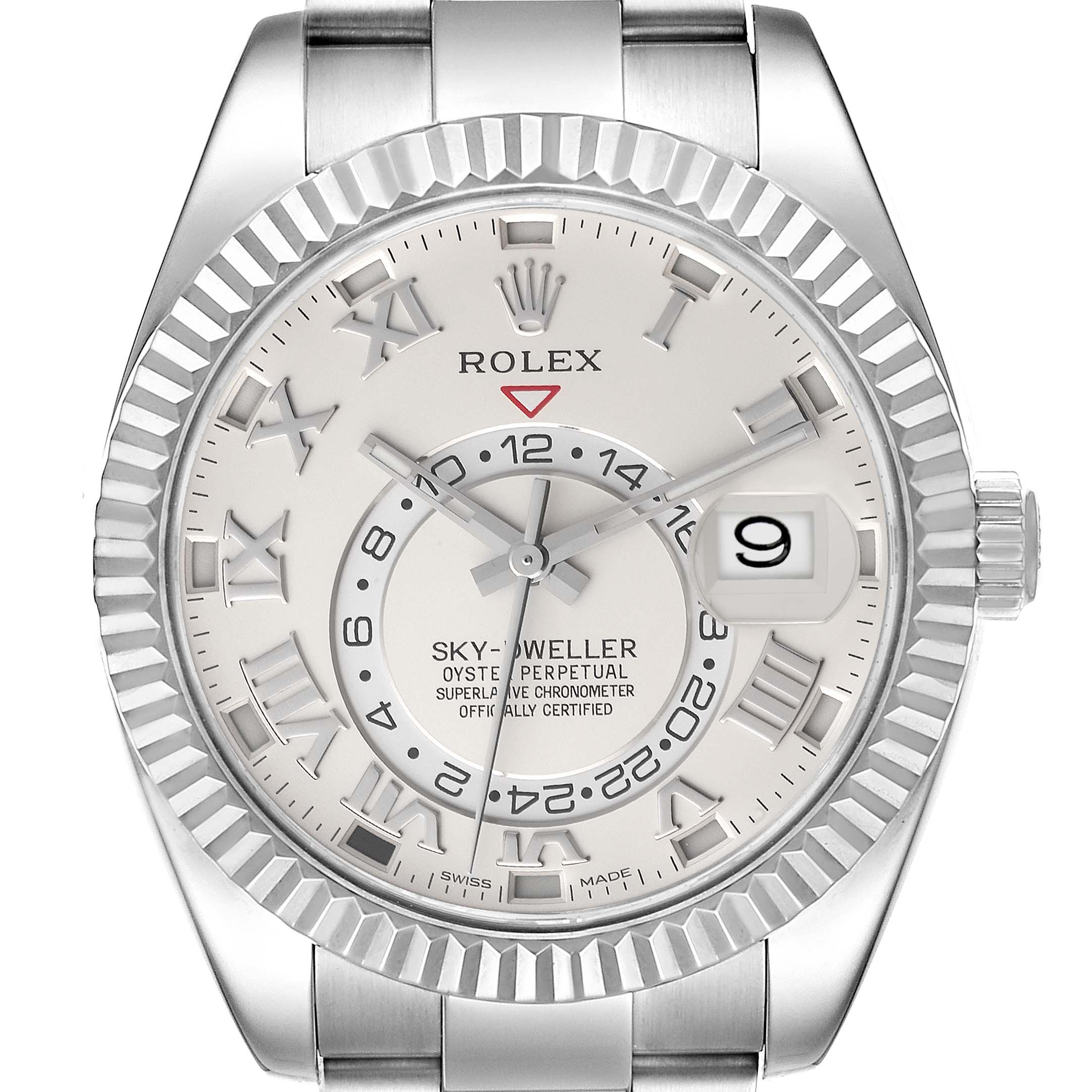The image shows a frontal view of a Rolex Sky-Dweller 326939 Men's White Gold White Dial 326939 Men's White Gold White Dial watch, highlighting its dial, bezel, and bracelet.