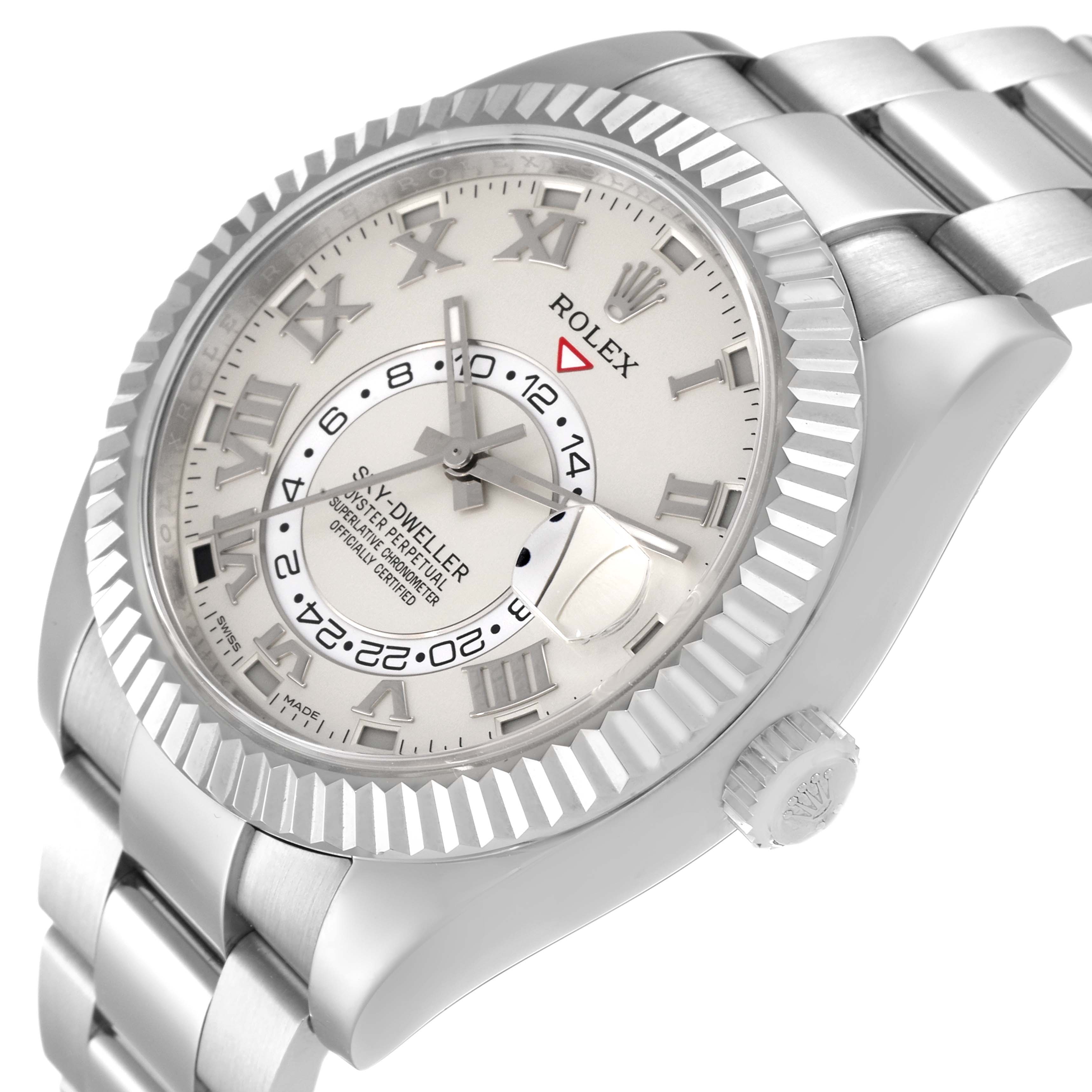 The image shows a tilted-angle view of the Rolex Sky-Dweller 326939 Men's White Gold White Dial 326939 Men's White Gold White Dial, highlighting the dial, bezel, crown, and part of the bracelet.